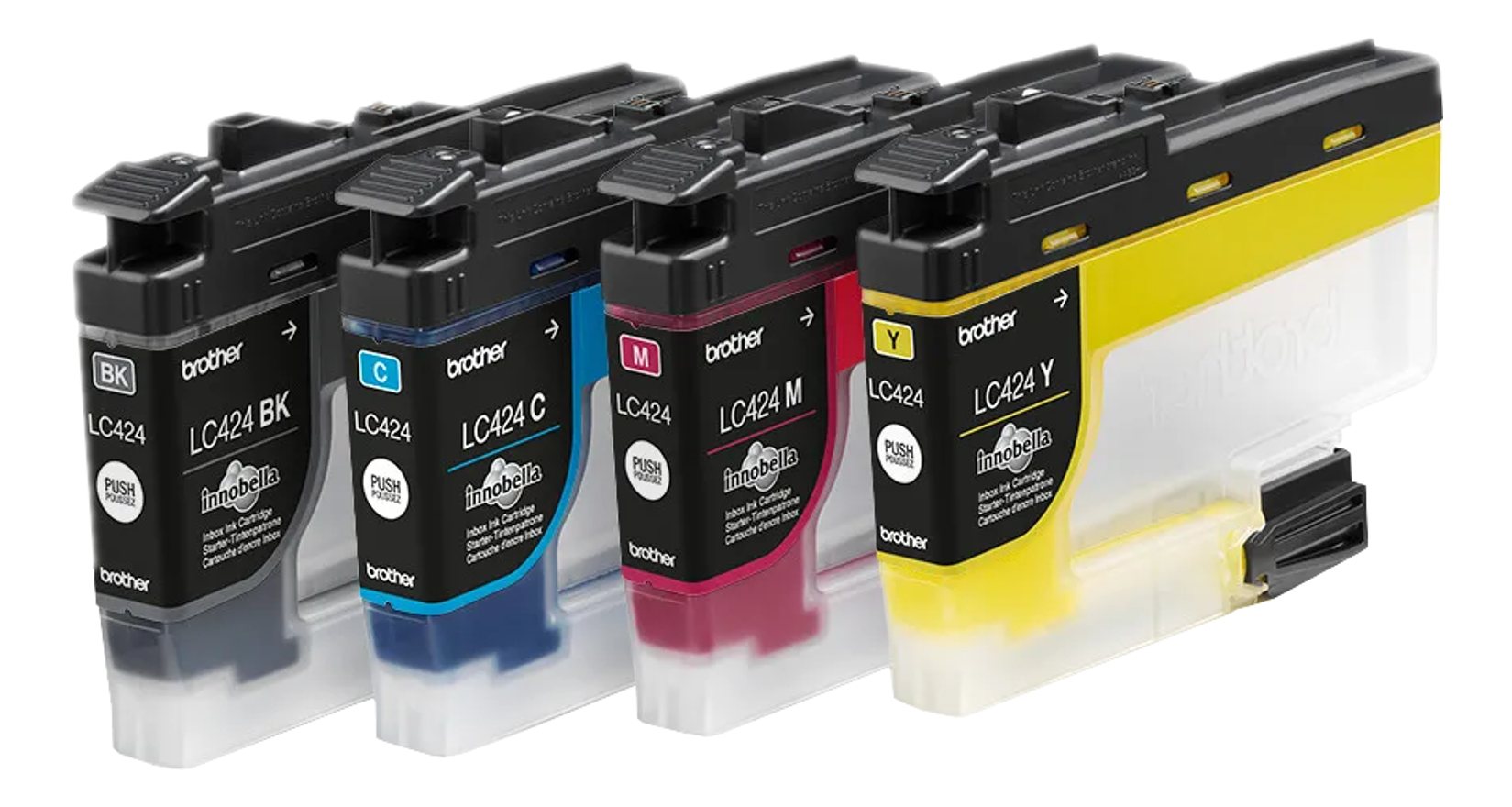 Quatre cartouches d'encre d'imprimante de couleurs : noir, cyan, magenta et jaune.