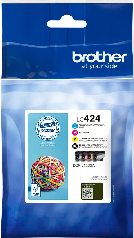 Emballage de cartouches d'encre Brother. Montre des cartouches d'encre colorées et une boule de caoutchouc.