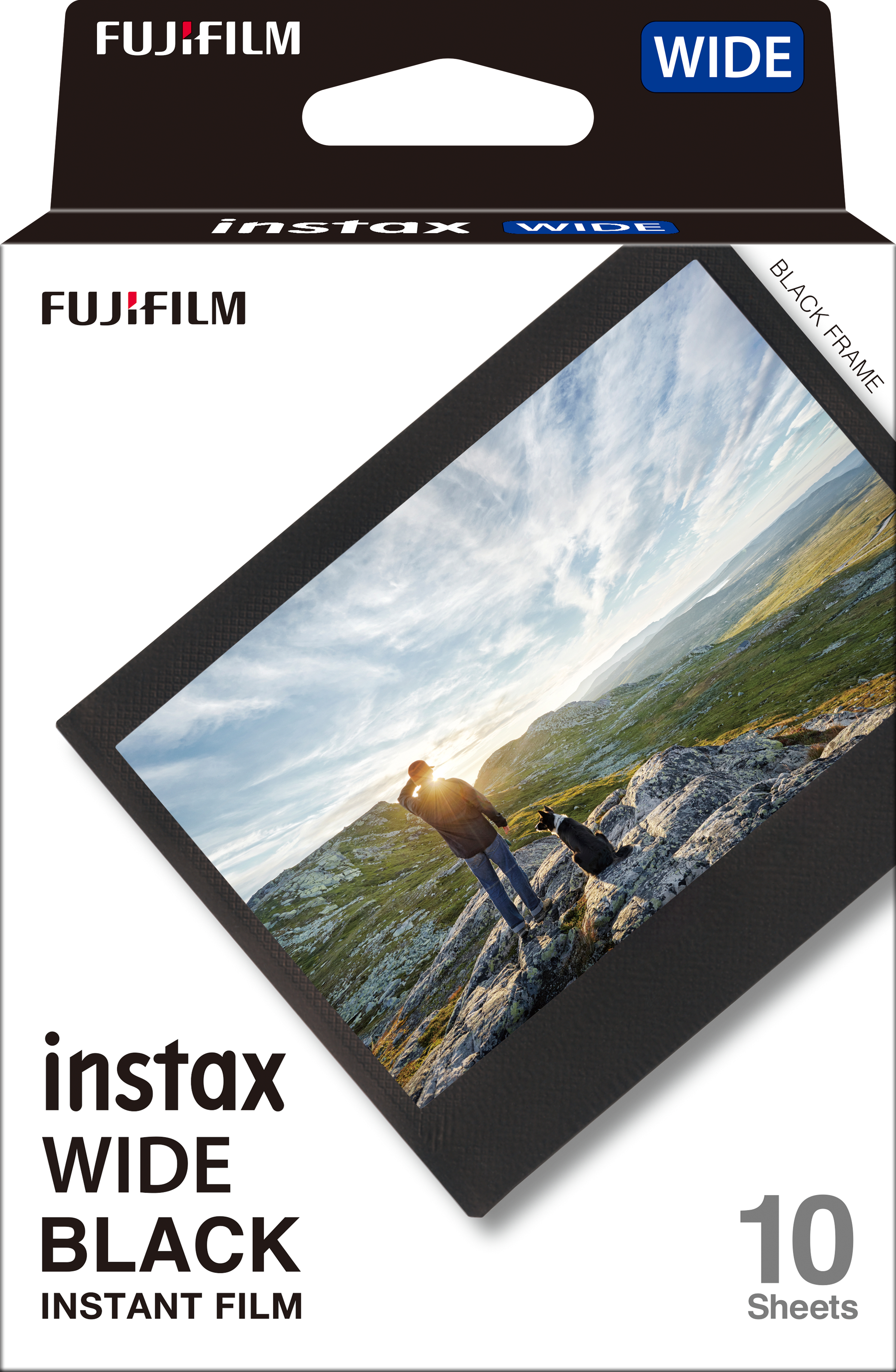 Eine Fujifilm Instax Wide Filmbox mit einem Foto einer Person und eines Hundes, mit schwarzem Rahmen und Text.