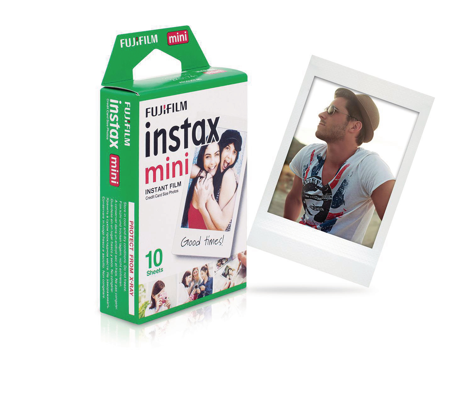 Fujifilm Instax Mini Filmpack mit einem Foto. Es zeigt einen Mann mit Sonnenbrille am Strand.