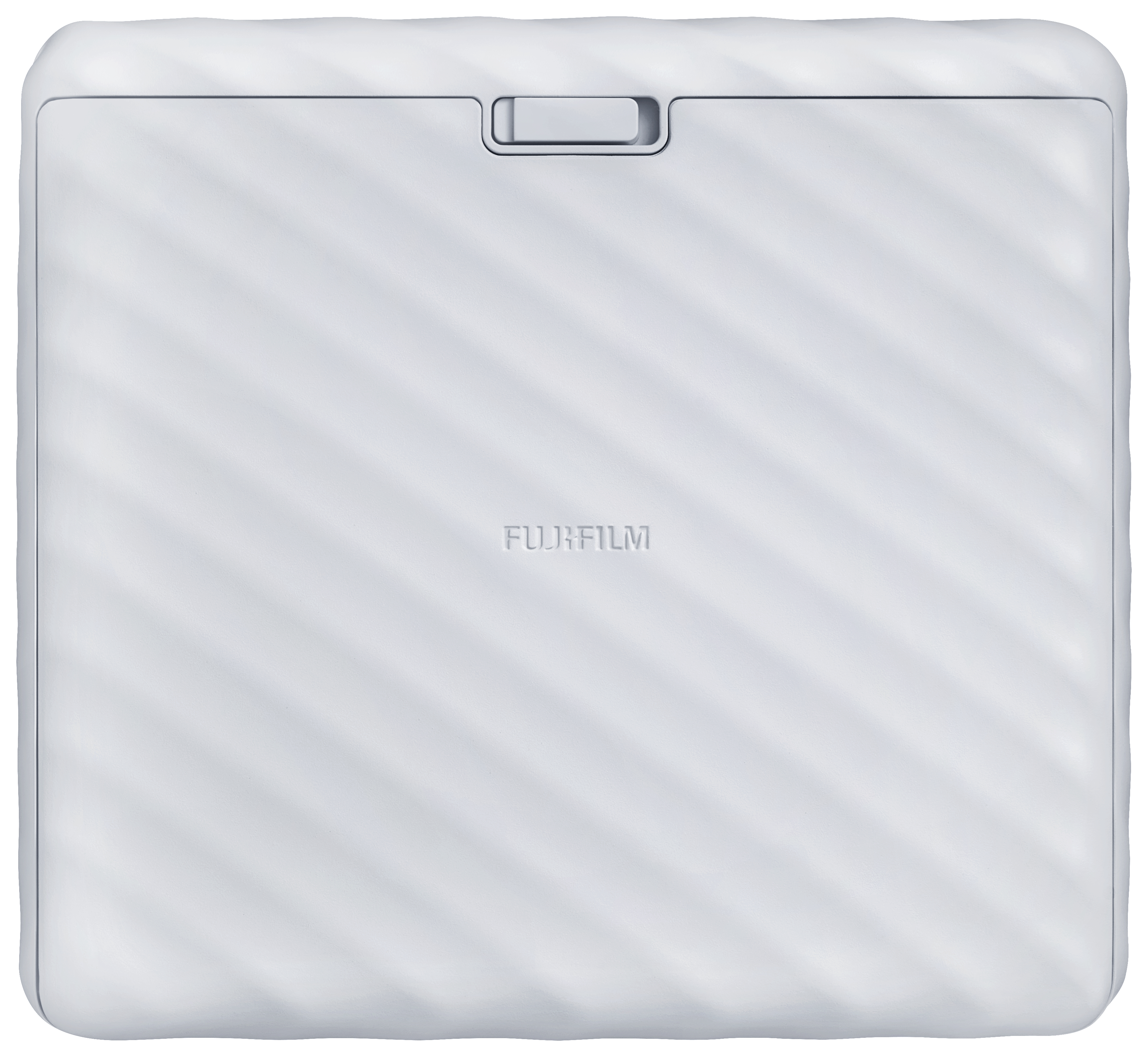 Weißer Fujifilm Instax Mini Link Drucker. Die Oberfläche hat ein Wellenmuster. Der Markenname.