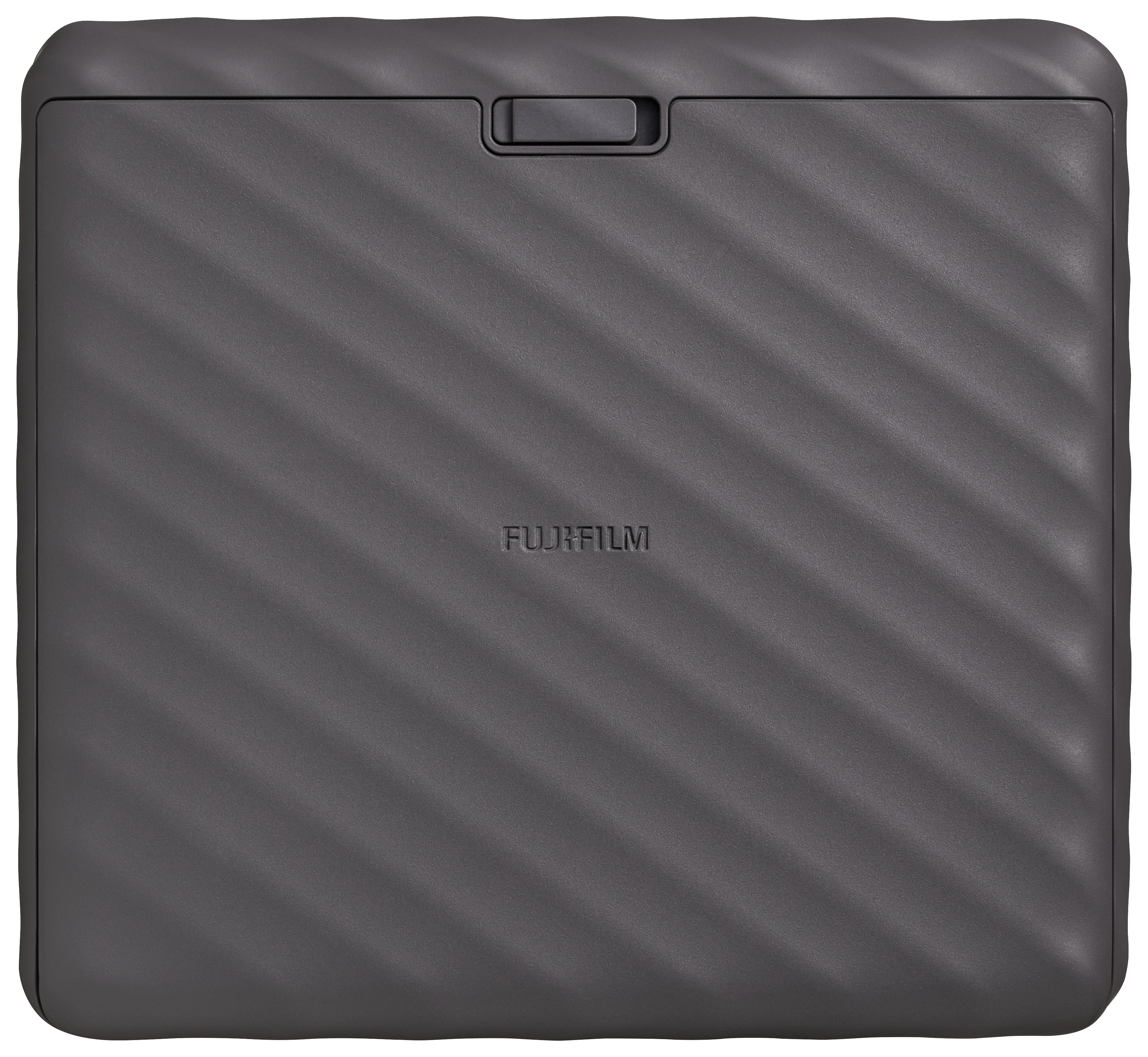 Ein schwarzes Fujifilm-Kamera-ähnliches Gerät mit strukturierter Oberfläche und Fujifilm-Logo.