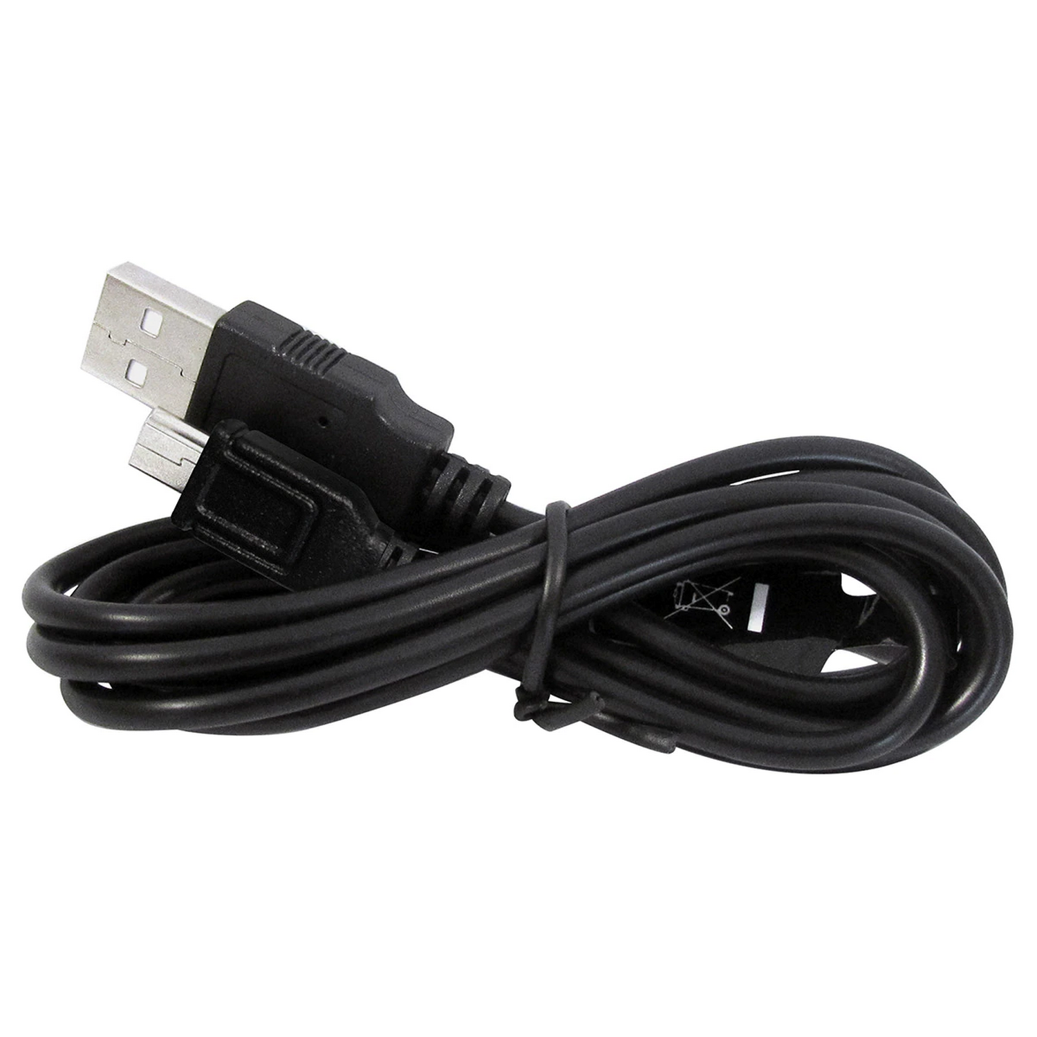 Cable USB a micro-USB negro. Está enrollado yace sobre una superficie blanca.