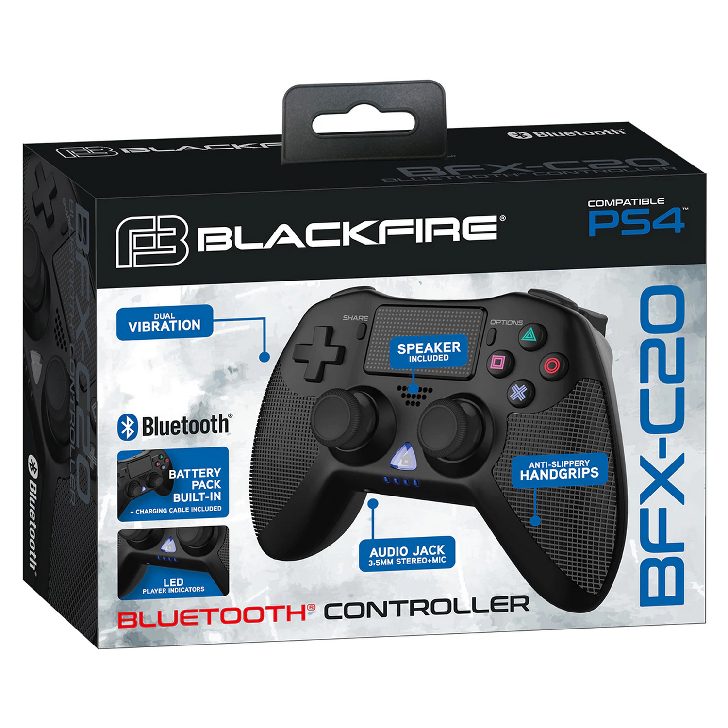 Caja del mando BlackFire PS4. Mando negro con botones, logotipo Bluetooth y funciones enumeradas.