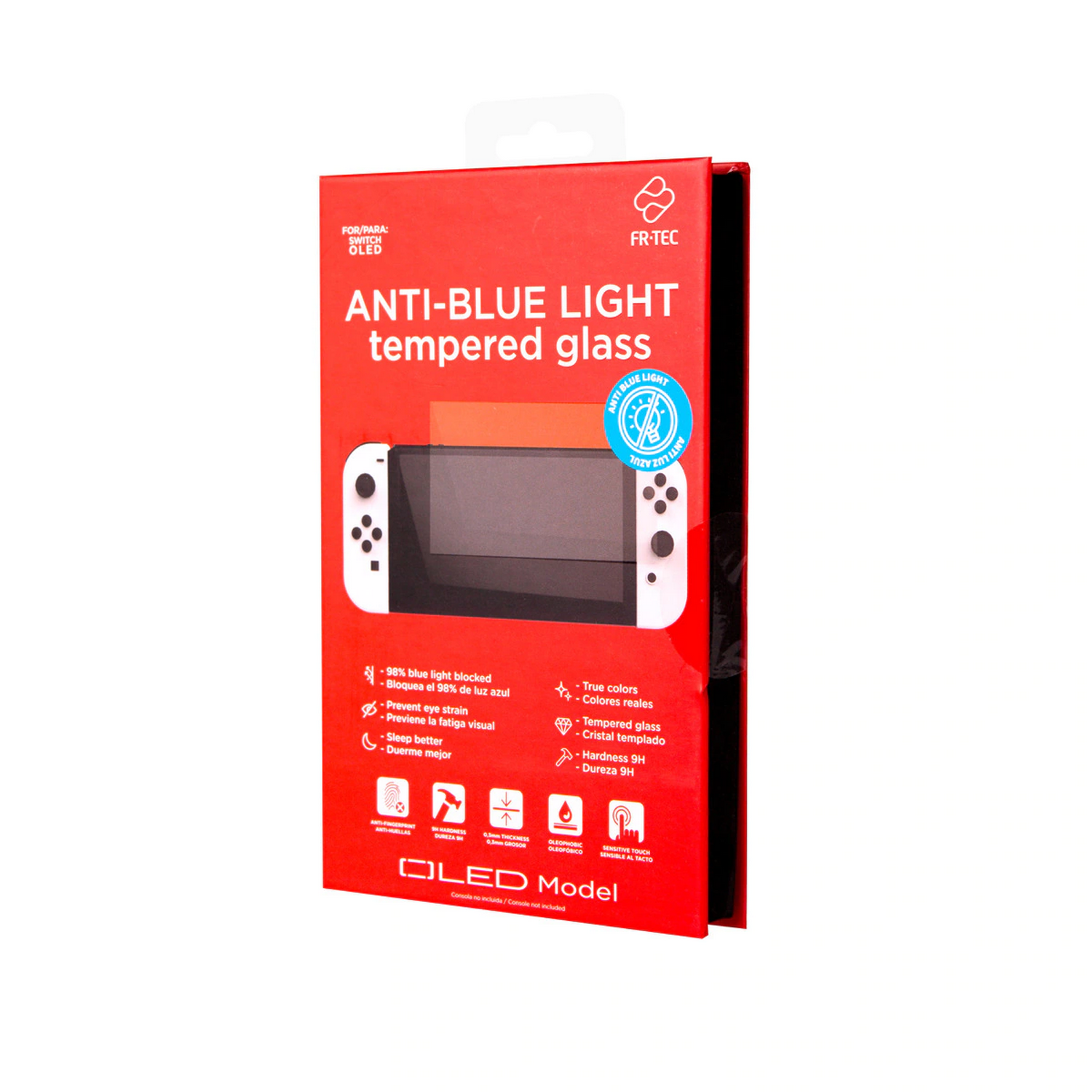 Caja para protector de pantalla Nintendo Switch OLED. Muestra la pantalla y el mando.