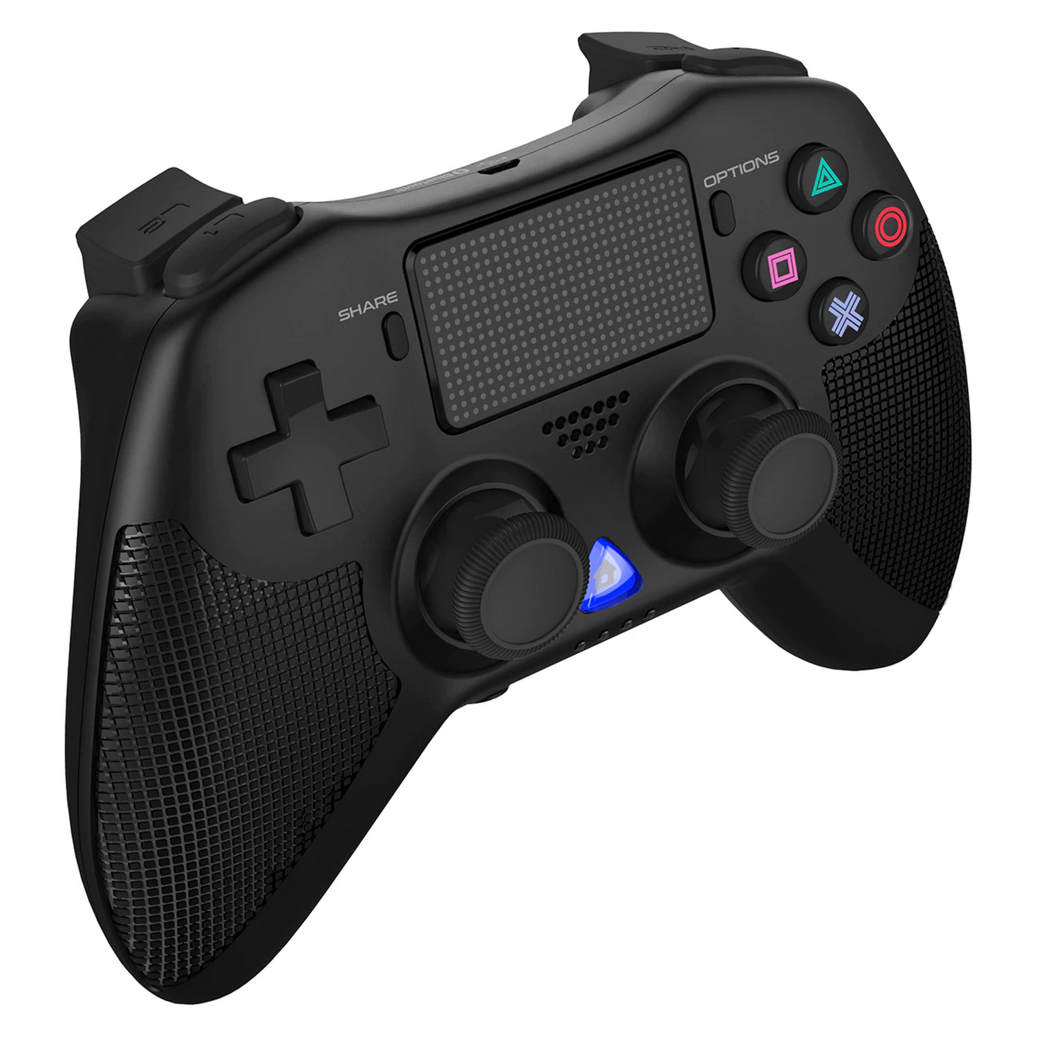 Mando de juegos negro. Tiene múltiples botones y dos palancas analógicas.