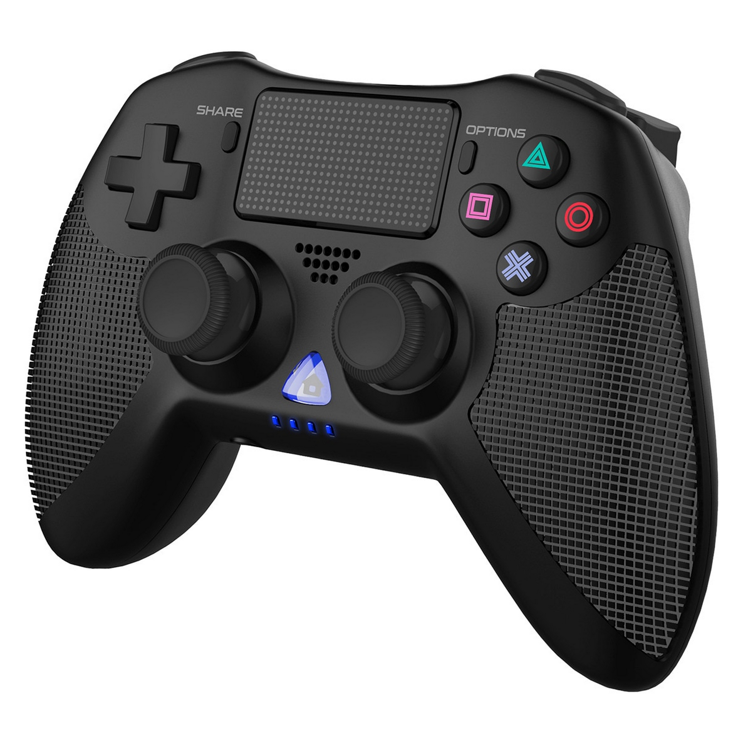 Controlador de juego negro con múltiples botones y un panel direccional, con indicadores de luz azul.