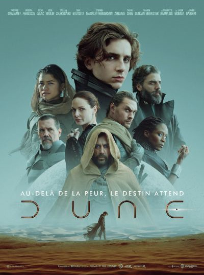 Dune filmposter met acteurs, tekst en een lichtblauw kleurenschema.