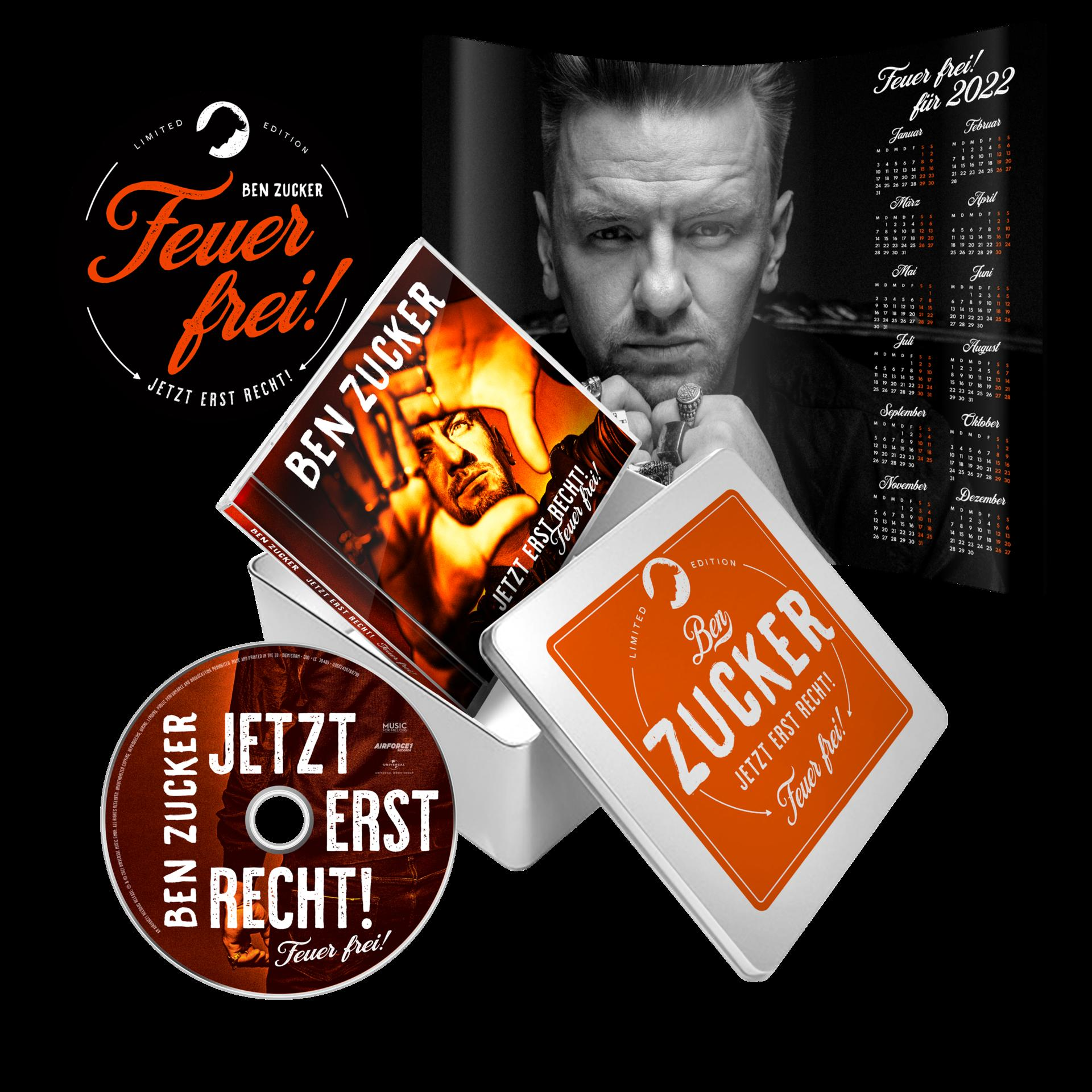 Ben Zucker Album. Mehrere CDs, Kalender und eine Box mit dem Coverbild in Schwarz.