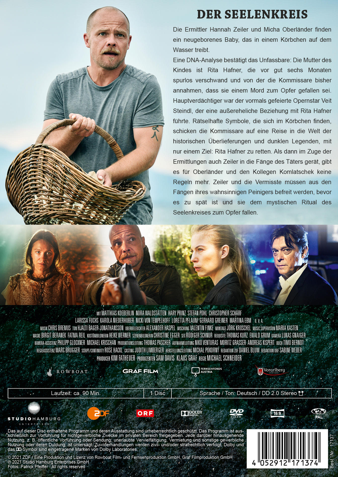 Ein DVD-Cover mit Text und Bildern, die einen Film über ein Baby in einem Korb zeigen.