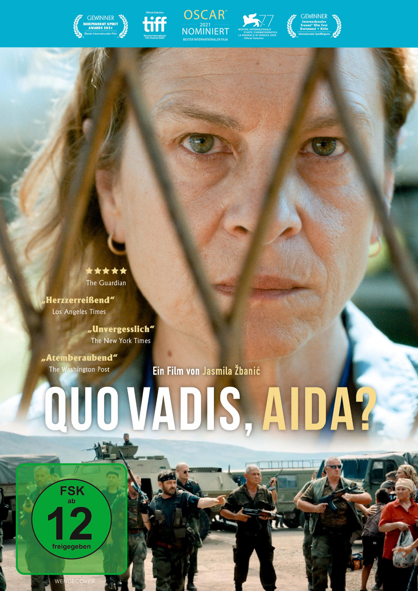 Filmposter für Quo Vadis, Aida? mit einem Frauengesicht und Soldaten im Hintergrund.
