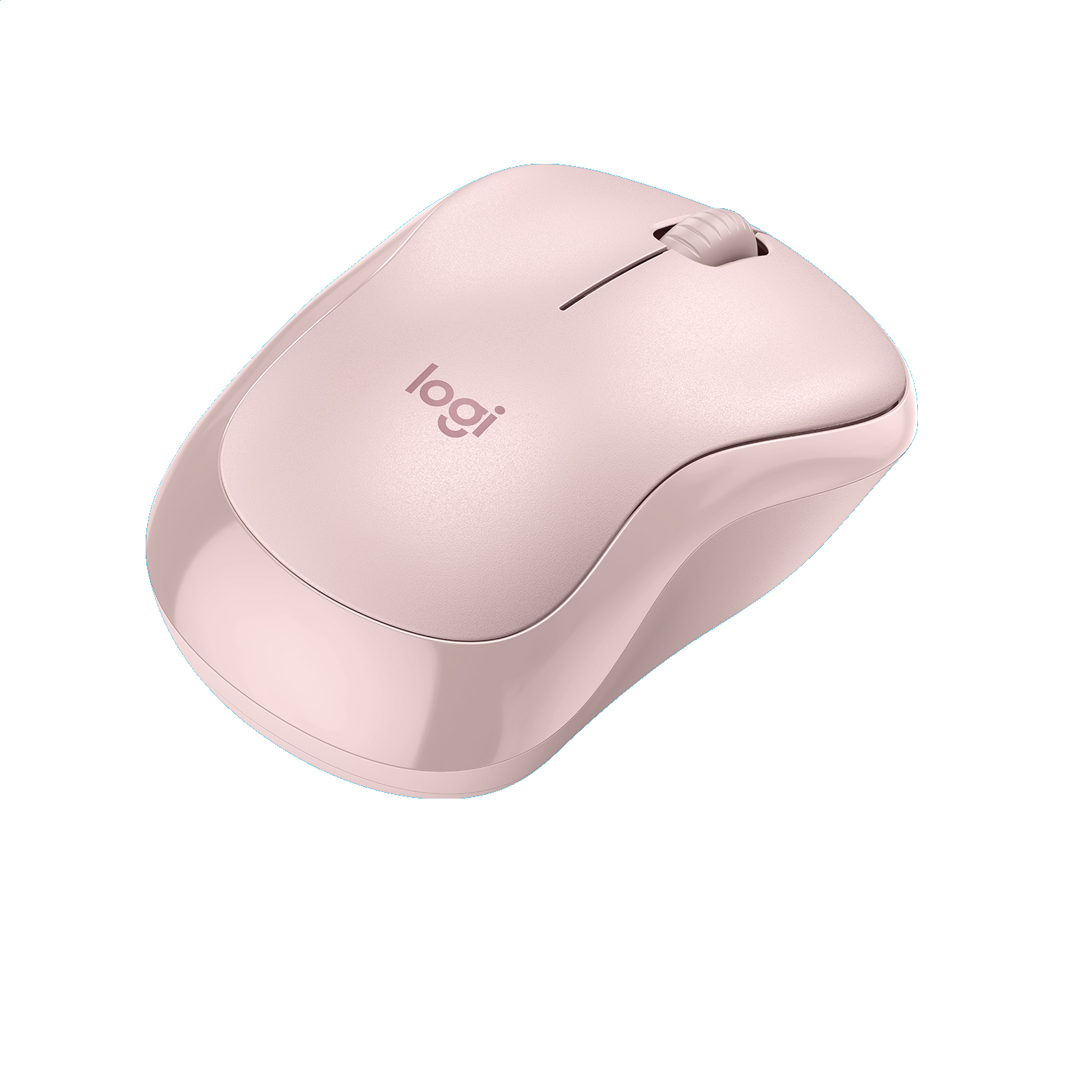 Pembe Logitech kablosuz fare. Bir kaydırma tekerleği ve Logitech logosu vardır.