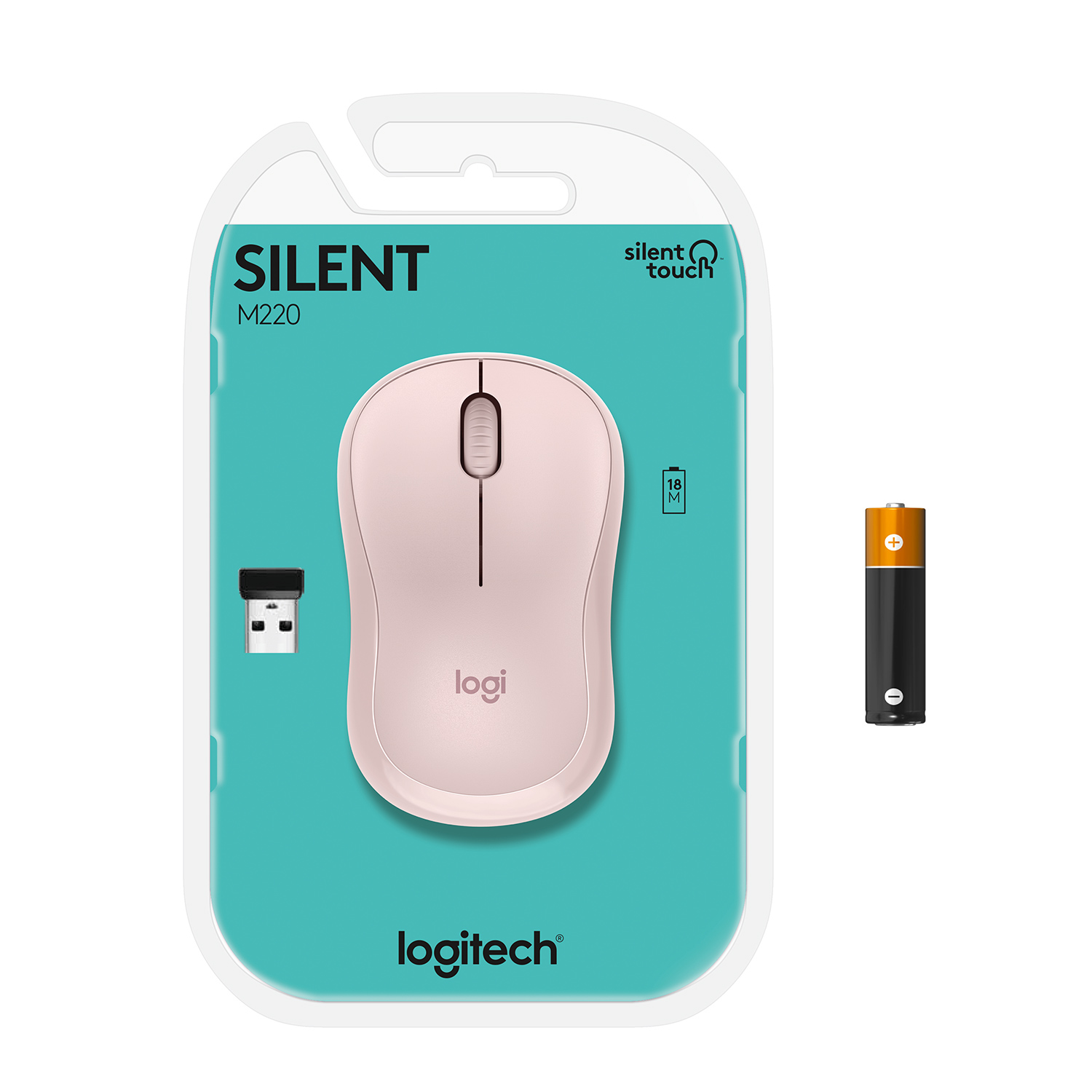 Pembe Logitech M220 kablosuz fare ve bir pil takımı, turkuaz bir arka plan üzerinde paketlenmiş.