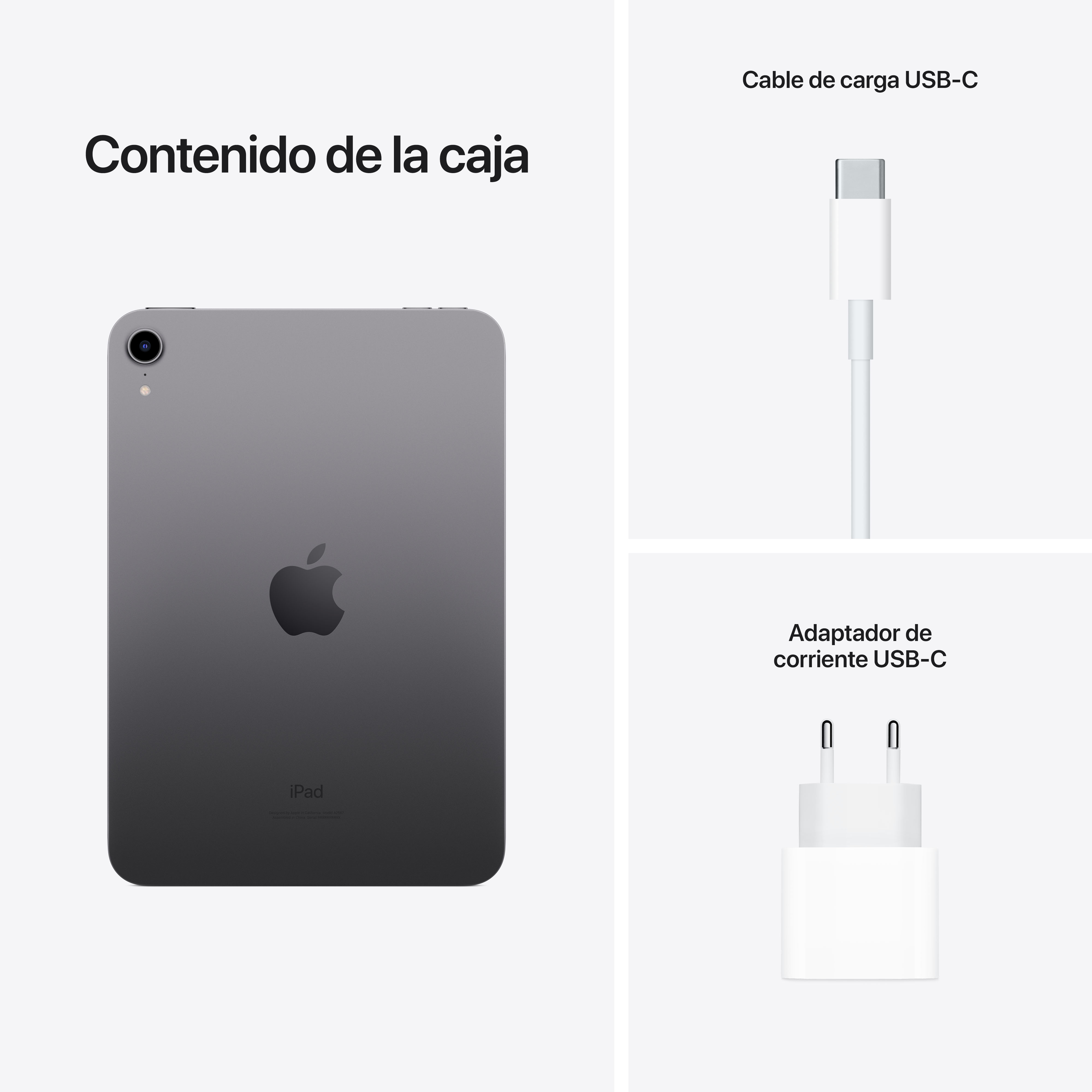 Un iPad, un cable de carga USB-C y un adaptador de corriente USB-C se muestran sobre un fondo blanco.