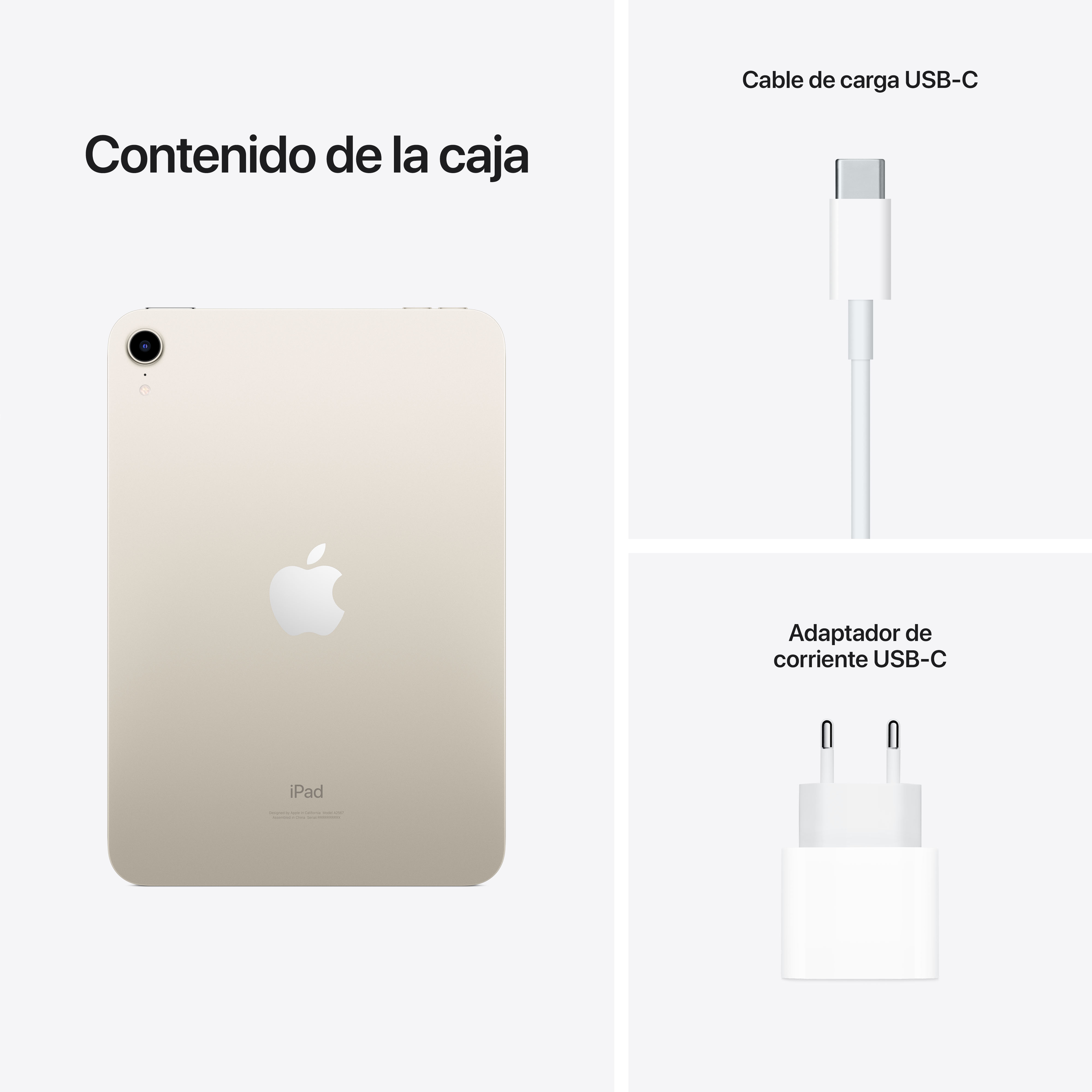 iPad, cable USB-C y adaptador de corriente USB-C. Todo sobre fondo blanco. El iPad es dorado.