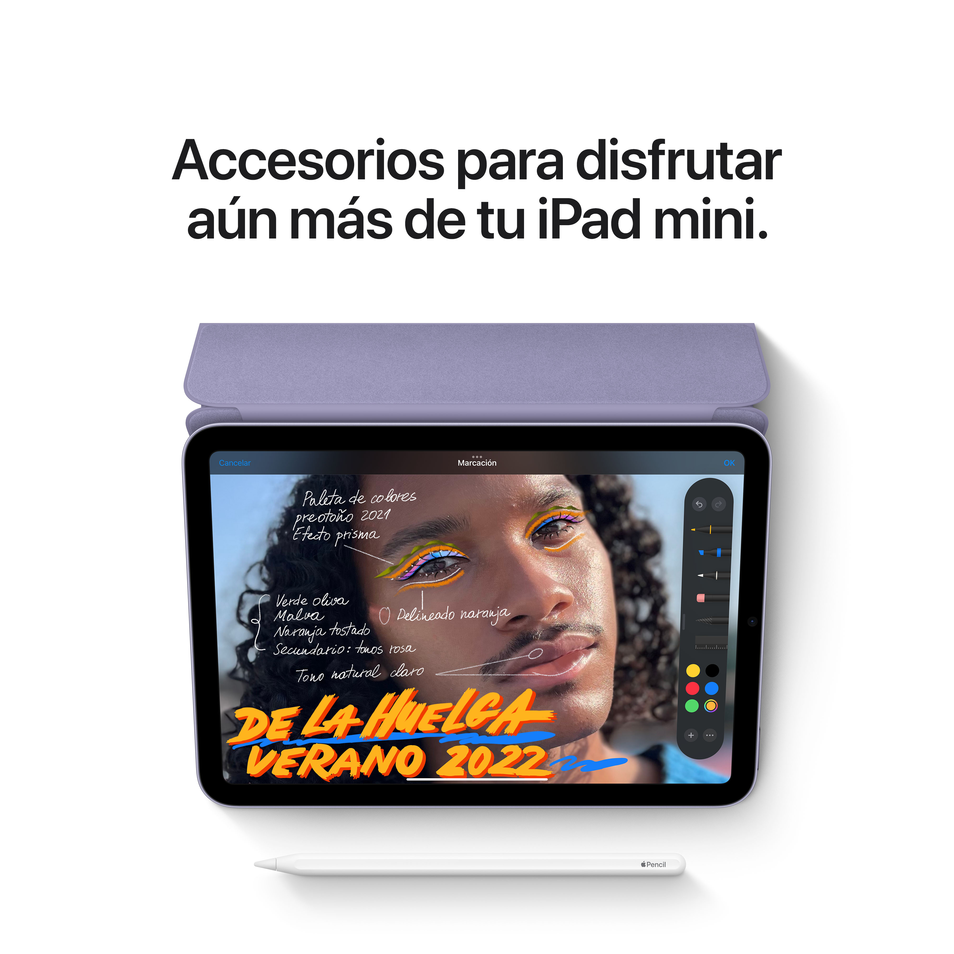 Una persona con un iPad mini, lápiz y funda abierta con dibujos.