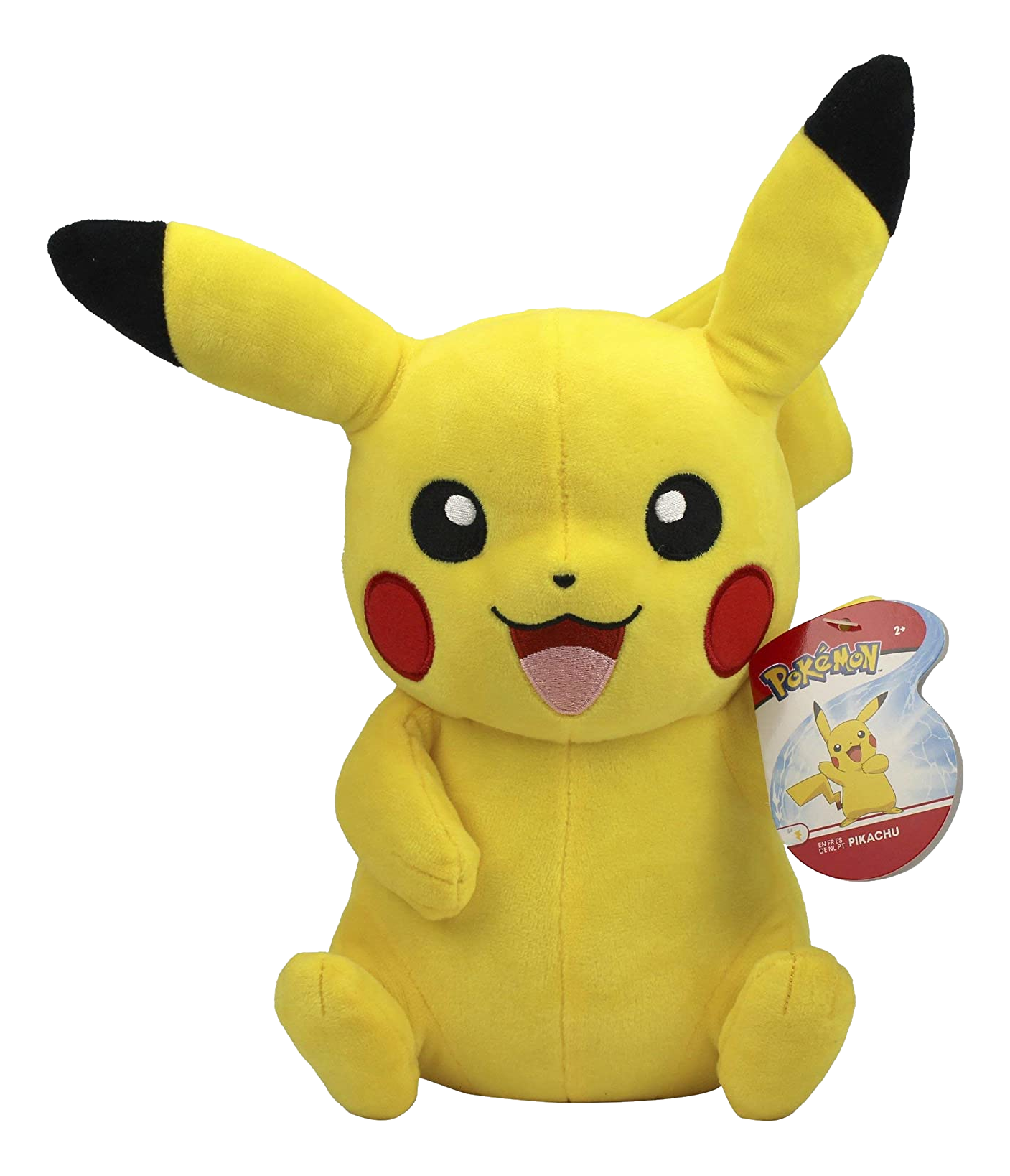 Gelbes Pikachu-Plüschtier mit roten Wangen, rosa Zunge und einem Pokémon-Etikett.