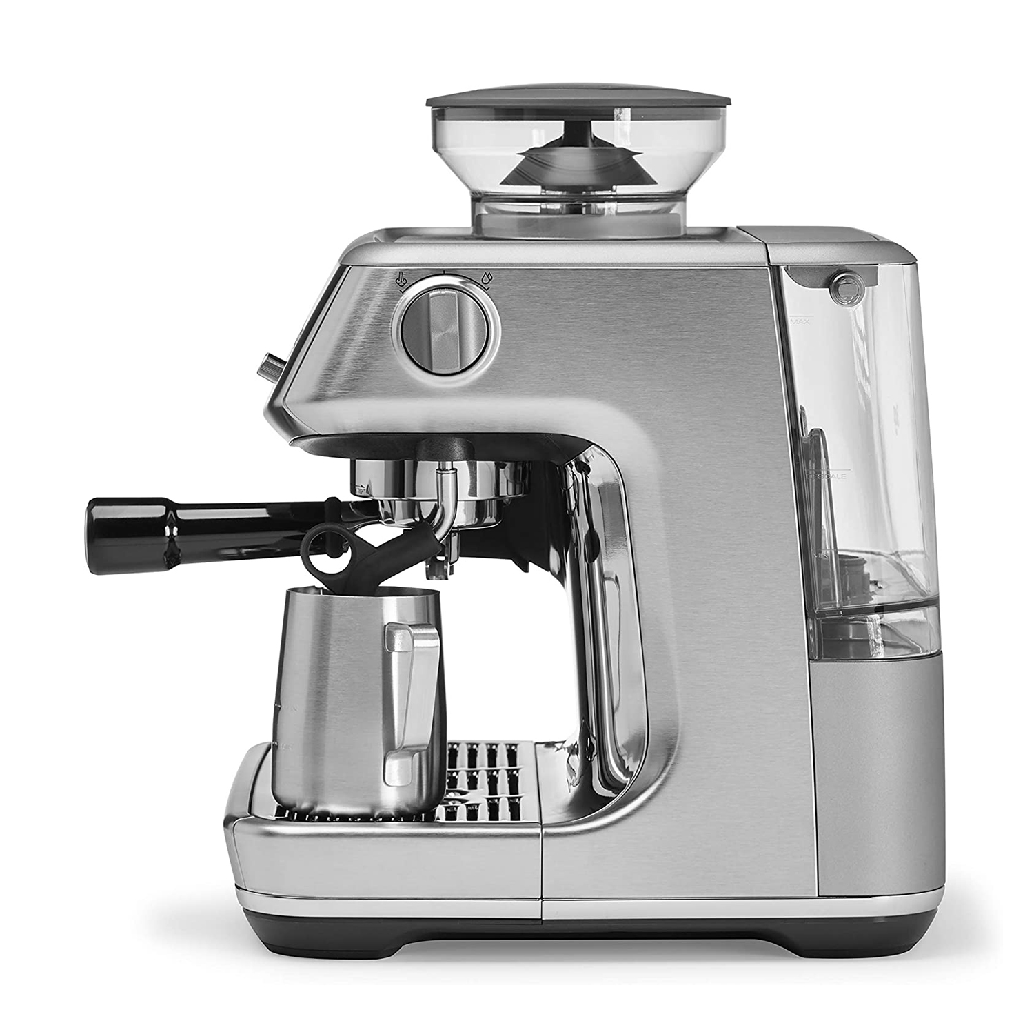 Macchina per espresso argentata con portafiltro, lattiera, macinacaffè e serbatoio dell'acqua.