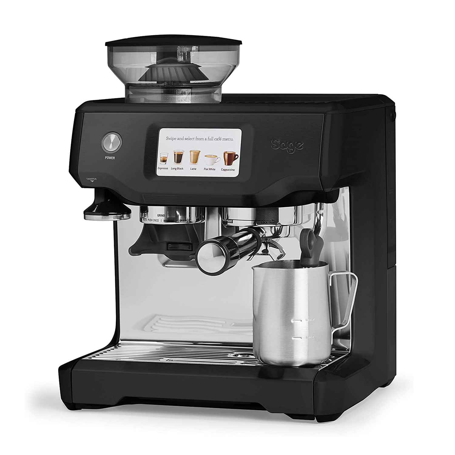 Macchina per espresso Sage nera con dettagli argento e accessori.