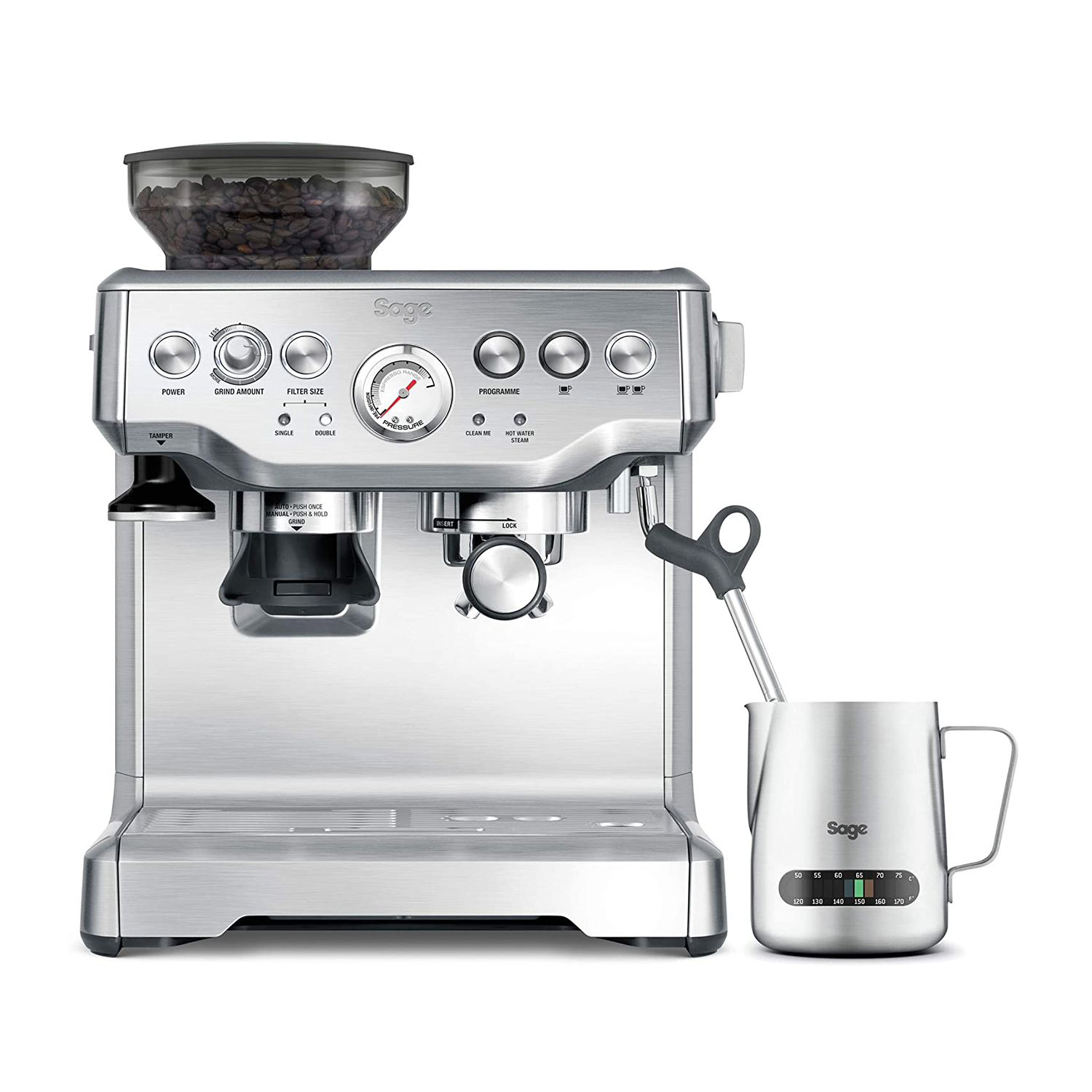 Macchina per espresso argentata con macinacaffè, caraffa per latte e chicchi.