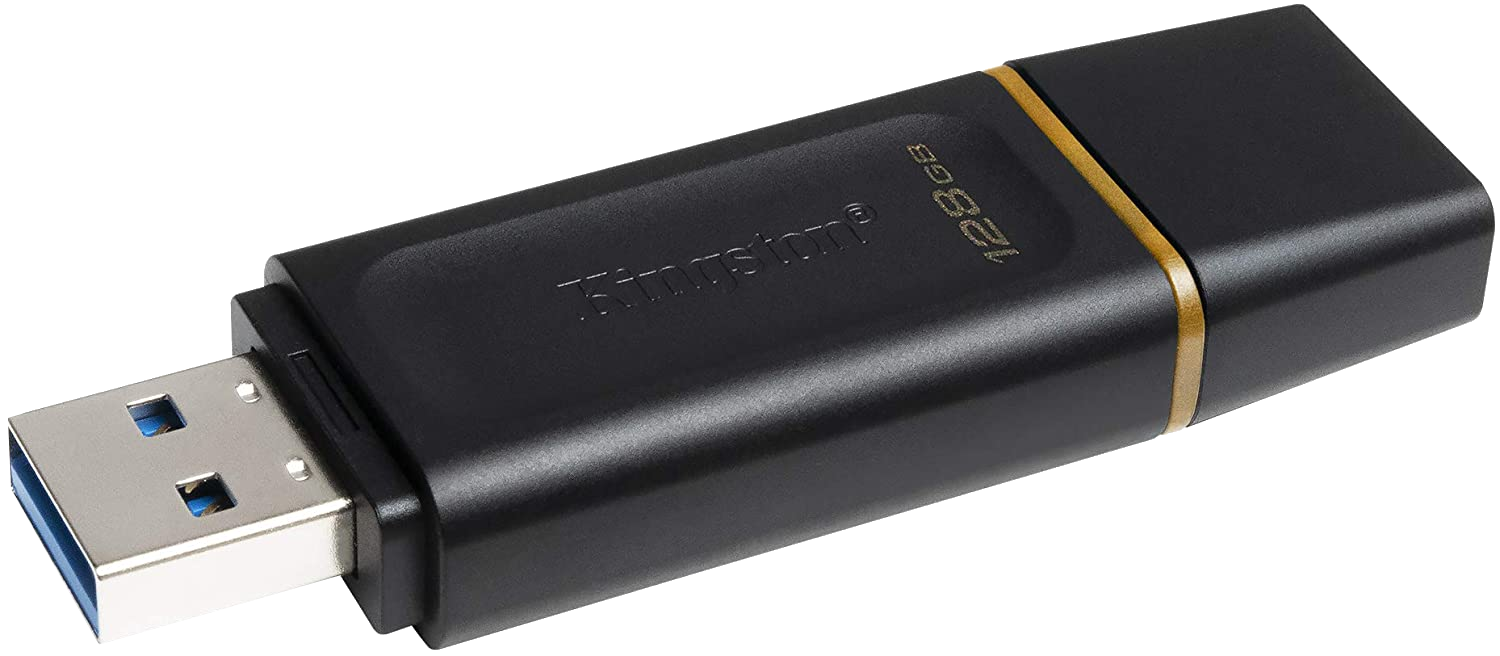 Fekete USB flash meghajtó aranyozással. Kingston márka, 128 GB kapacitás.
