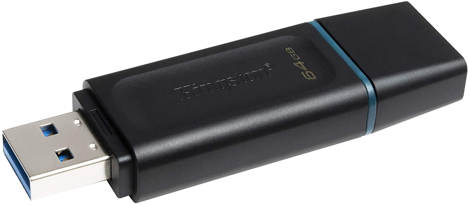 Fekete USB meghajtó kék díszítéssel és 64GB felirattal.