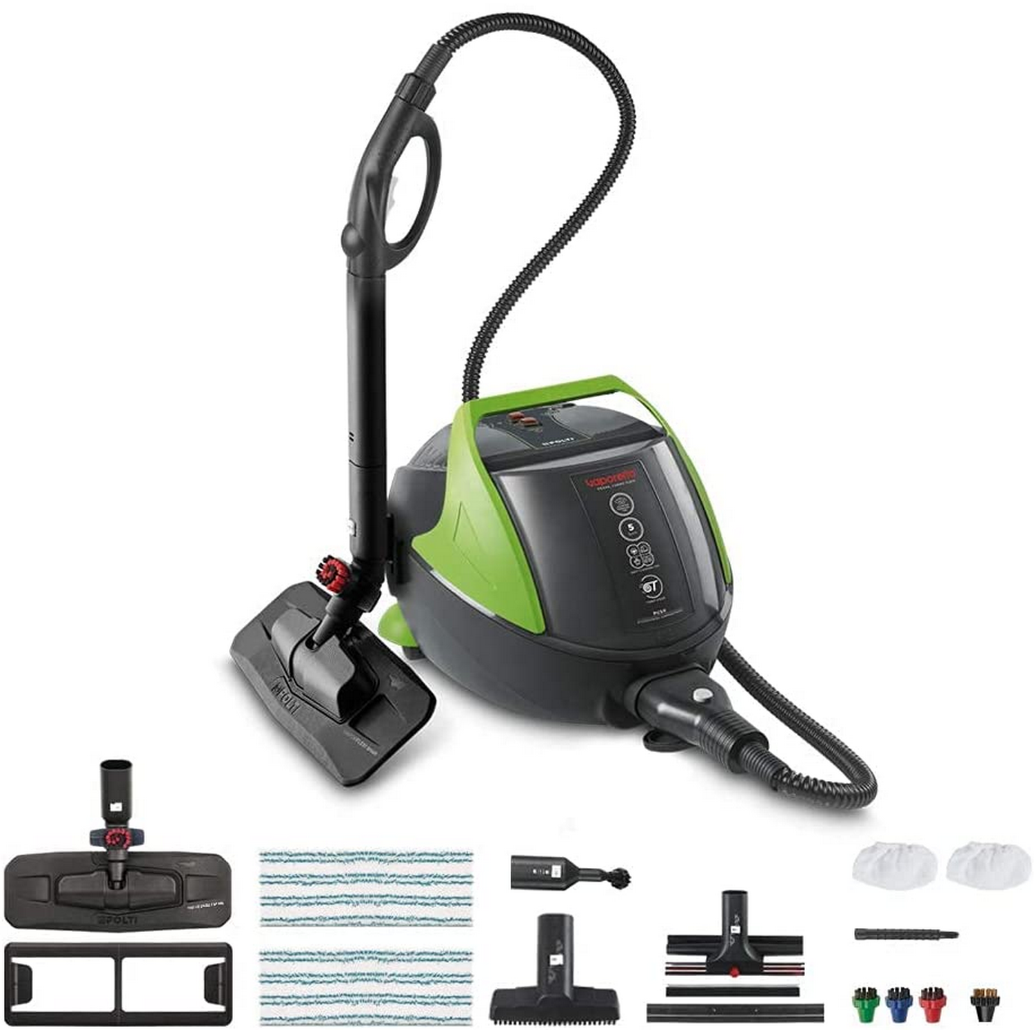 Limpiador a vapor verde y negro con accesorios, varios accesorios organizados.