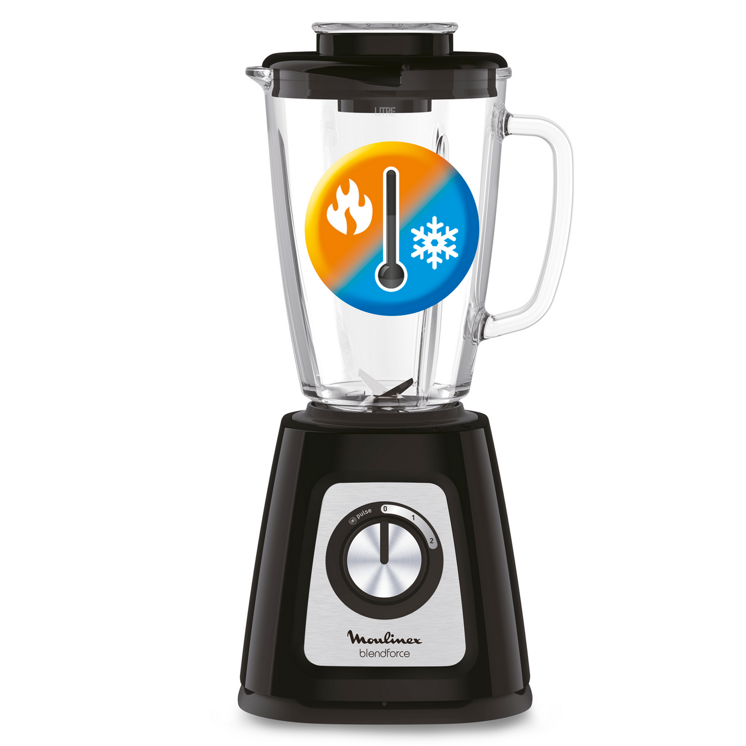 Una licuadora Moulinex negra y plateada con un tarro de vidrio e iconos de temperatura.