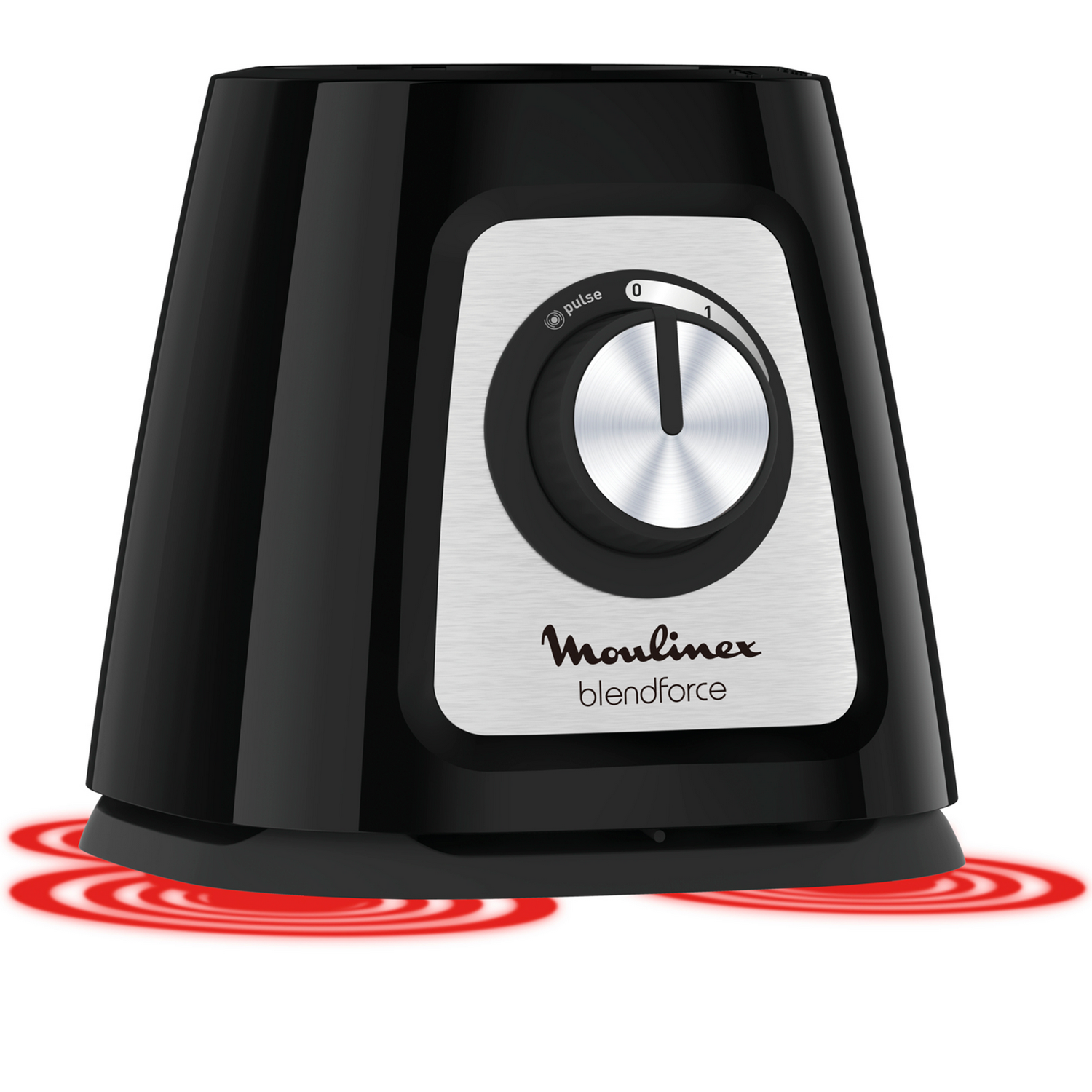 Licuadora negra con un dial plateado y el nombre de la marca. Círculos rojos debajo.