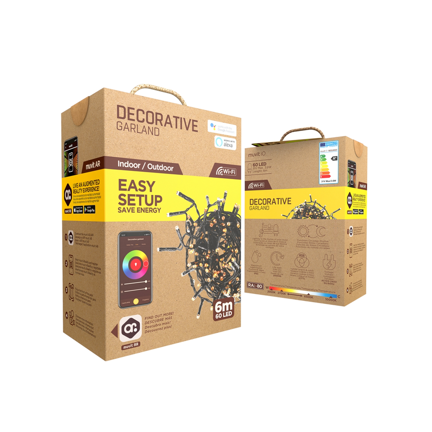 Dos cajas de cartón de guirnaldas decorativas con luces, una abierta, con texto e imágenes.
