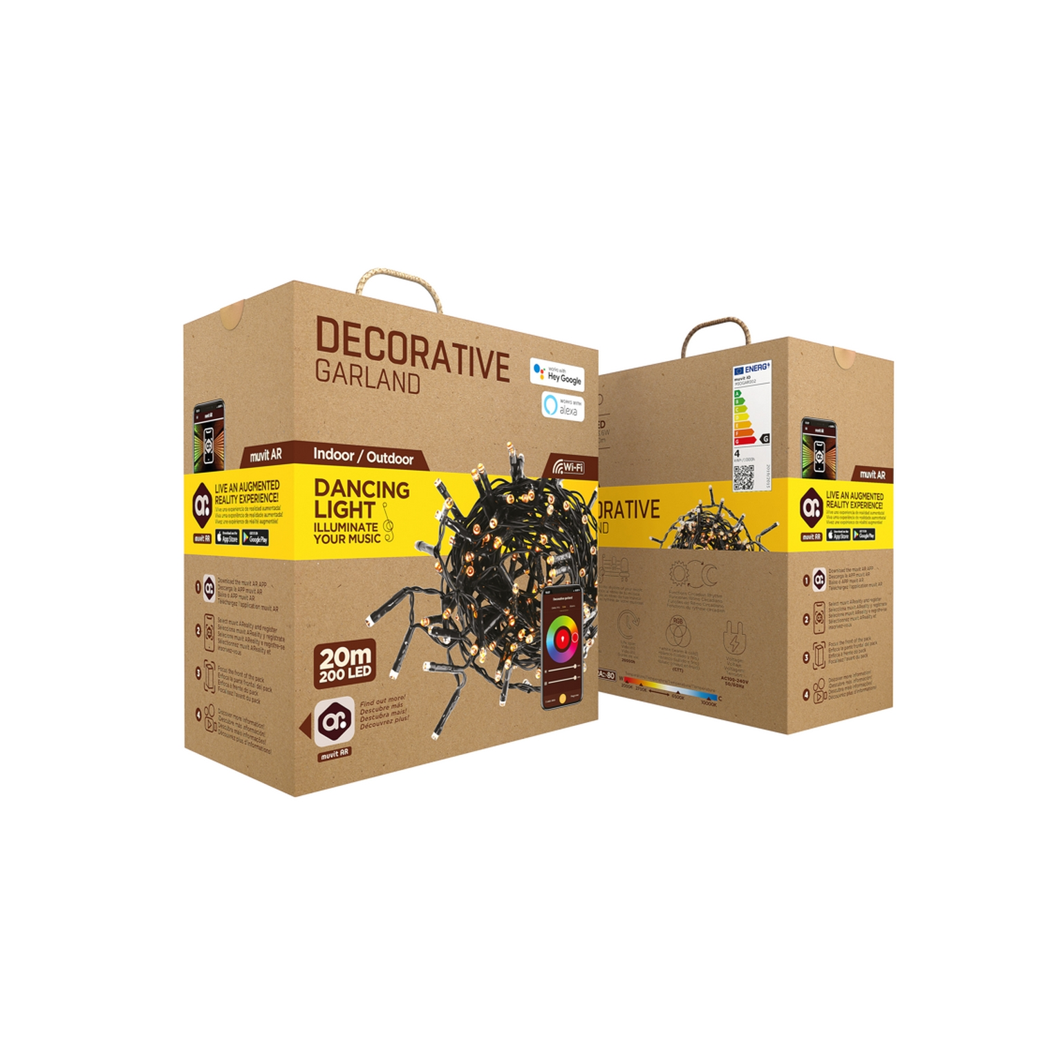 Dos cajas de cartón de guirnalda decorativa. Una tiene un código QR, la otra una etiqueta de eficiencia energética.