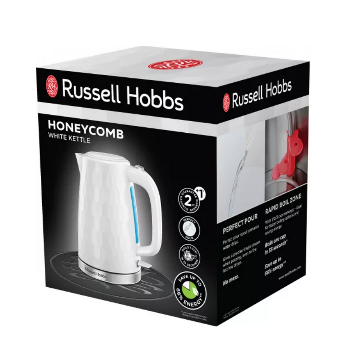 Caja de una tetera de panal Russell Hobbs blanca. La caja muestra la tetera y describe sus características.