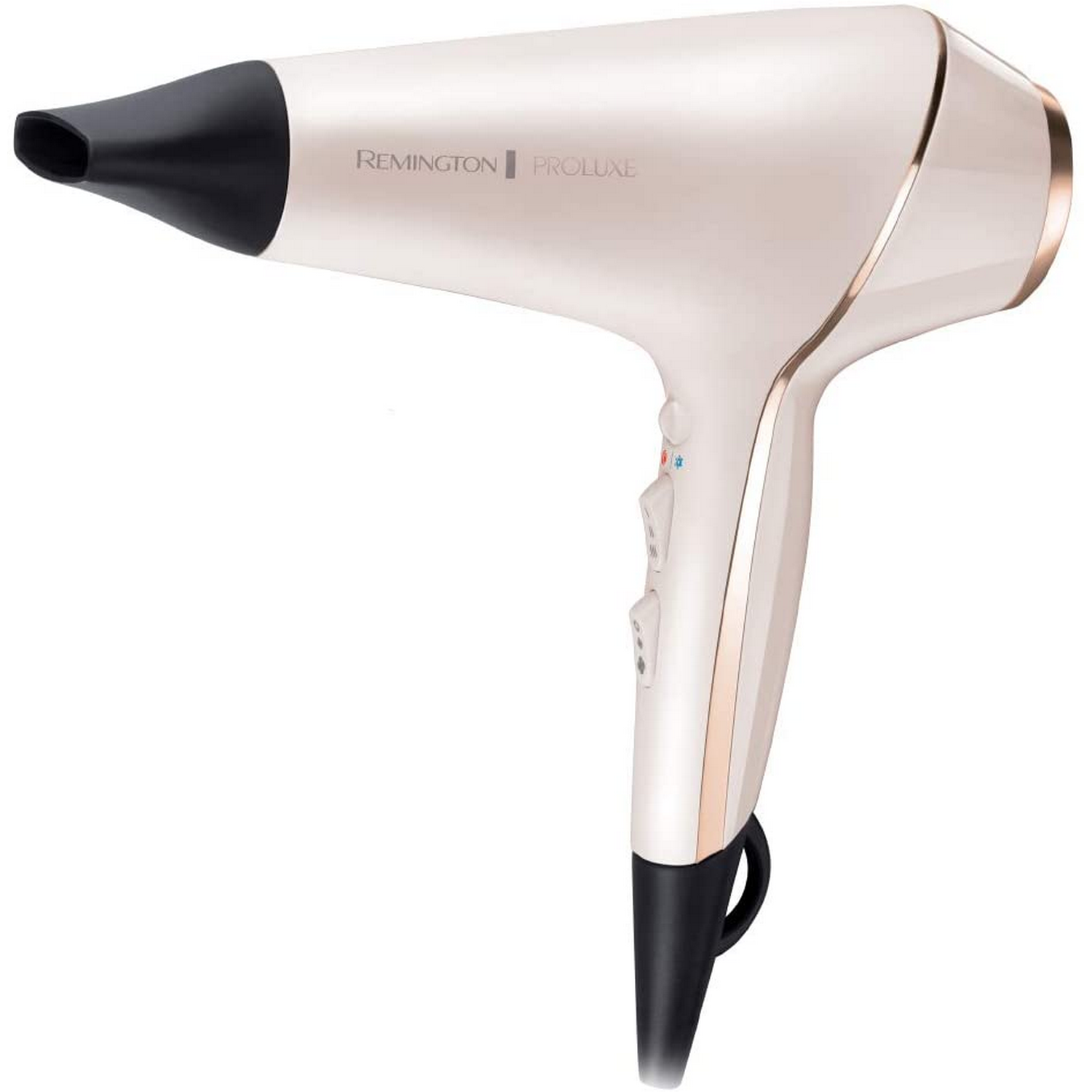 Un secador de pelo Remington Proluxe blanco y dorado sobre un fondo blanco, con detalles en negro.