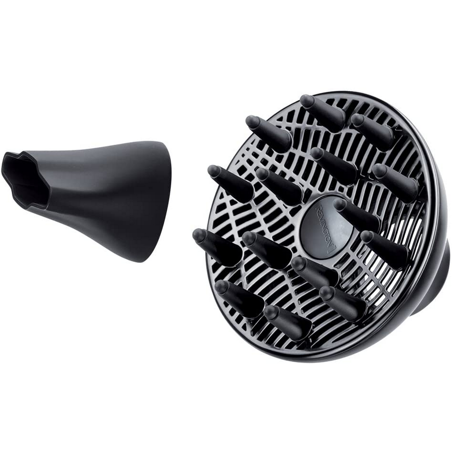 Accesorios de secador de pelo negros. Una boquilla y un difusor están separados.