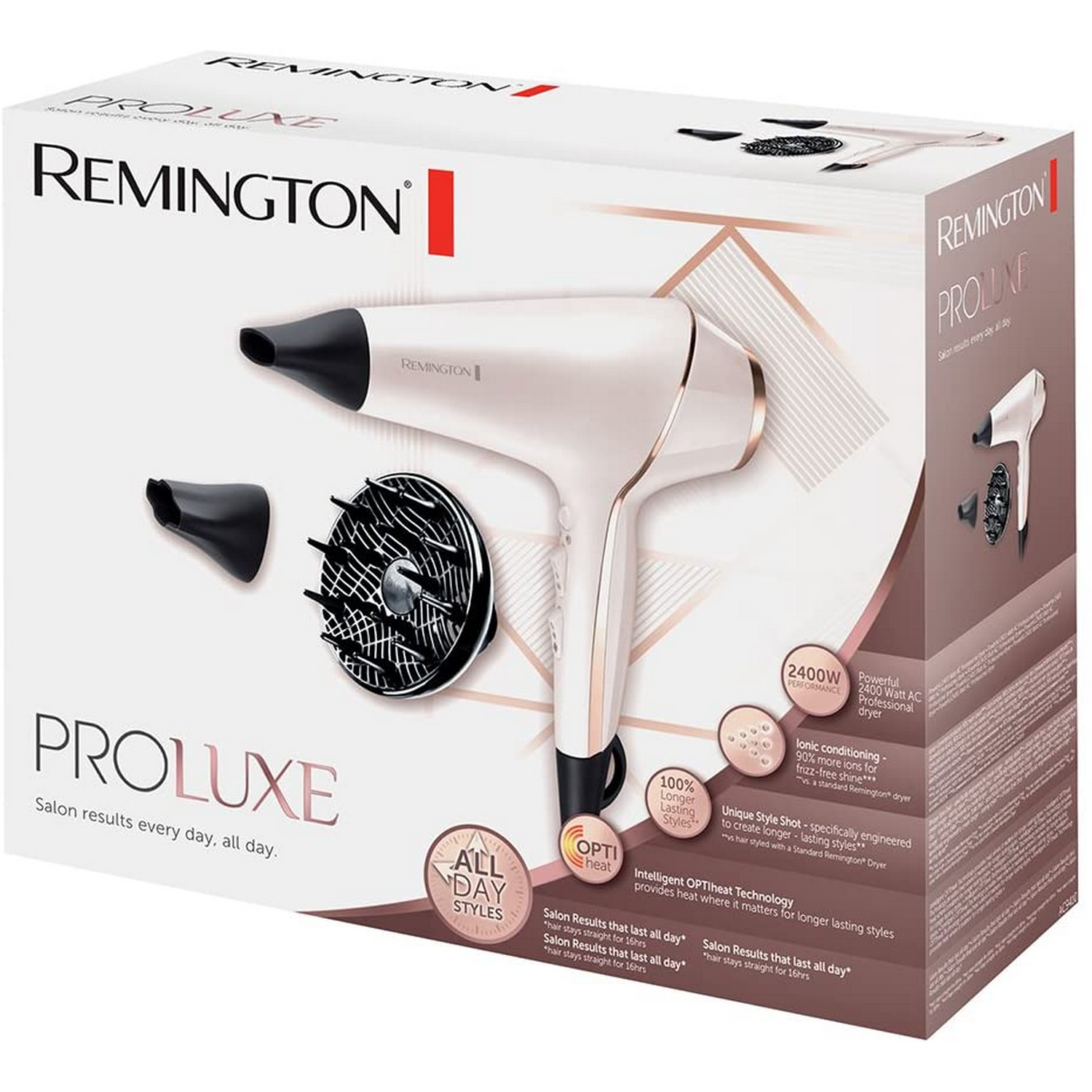 Secador de pelo Remington ProLuxe en caja con accesorios.