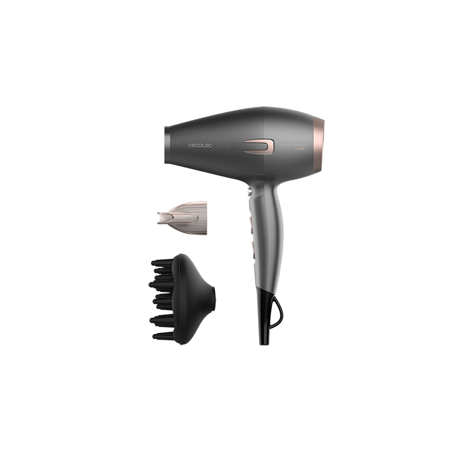 Secador - Cecotec Bamba IoniCare 6000 RockStar Essence, Con Difusor, Ionizador, 2200 W, 2 potencias, Gris