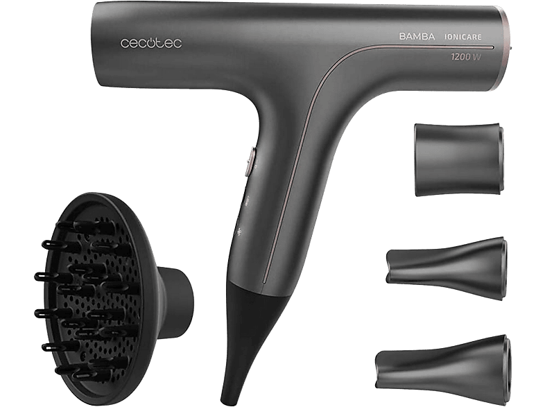 Secador - Cecotec Bamba IoniCare 6000 RockStar Soft Pro, Con Difusor,1200 W, Ionizador, 5 niveles, Gris