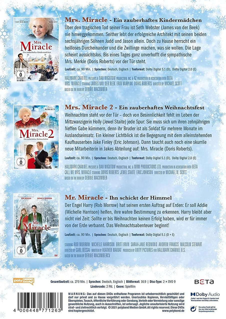 DVD-Cover für Mrs. Miracle-Filme mit Filmszenen und Text.