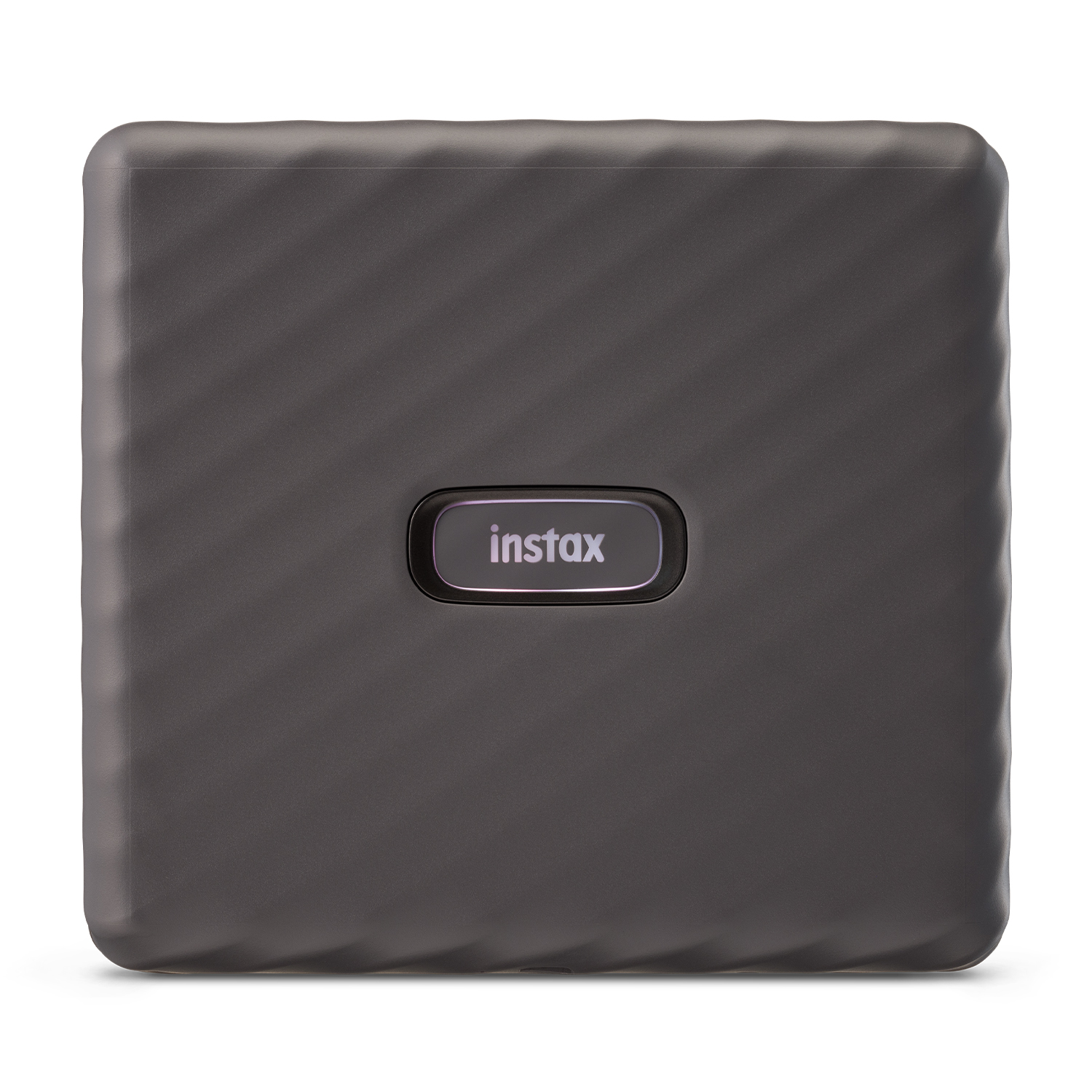Una stampante Instax grigio scuro. Il logo Instax è sulla parte anteriore.