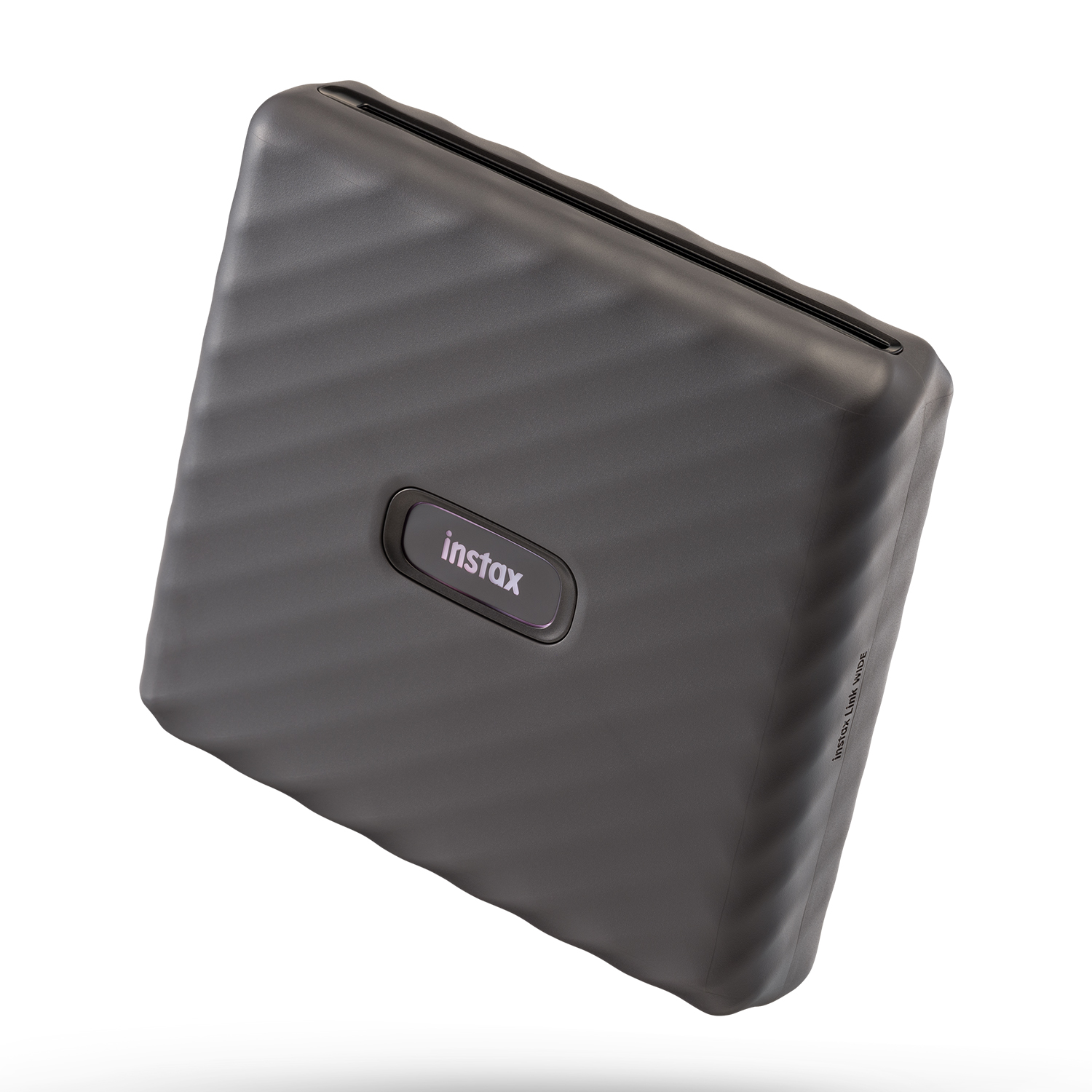 Una stampante Instax Link nera con una superficie strutturata. Il logo 'instax' è visibile.