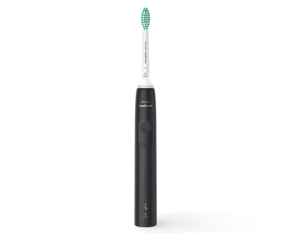 Fekete Philips Sonicare fogkefe, fehér sörtékkel, fehér háttérrel.