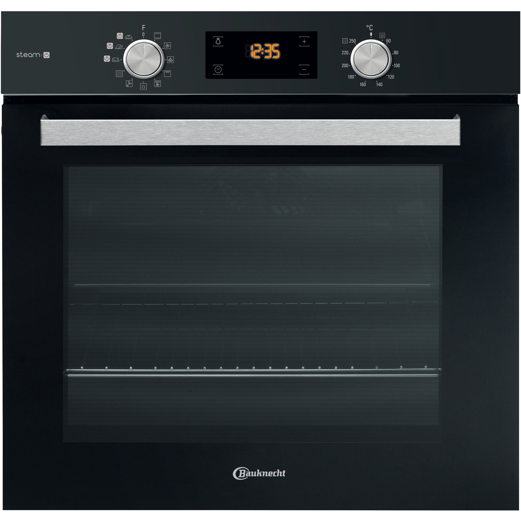 Schwarzer Einbaubackofen mit Bedienfeld und Display, das Zeit und Temperatur anzeigt.