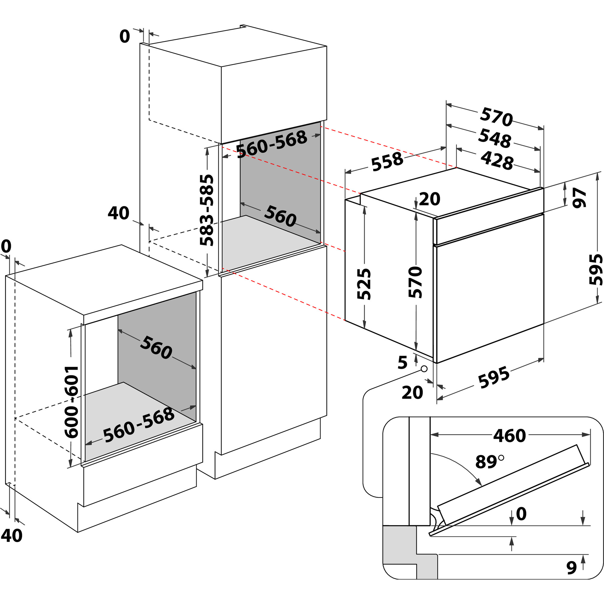 Schematische Darstellung von Einbauküchengeräten, einschließlich Backofen und Mikrowelle.