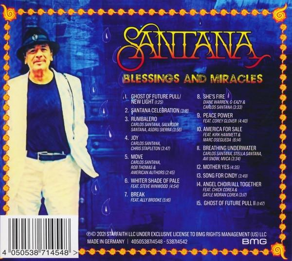 Pochette de l'album de Santana. Un homme avec un chapeau à gauche, détails de l'album et liste des titres à droite.