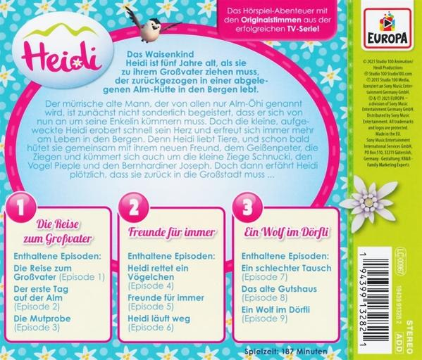 Rückseite einer Heidi-DVD-Hülle. Text auf Deutsch, Bilder aus der Serie. Weißer Hintergrund.