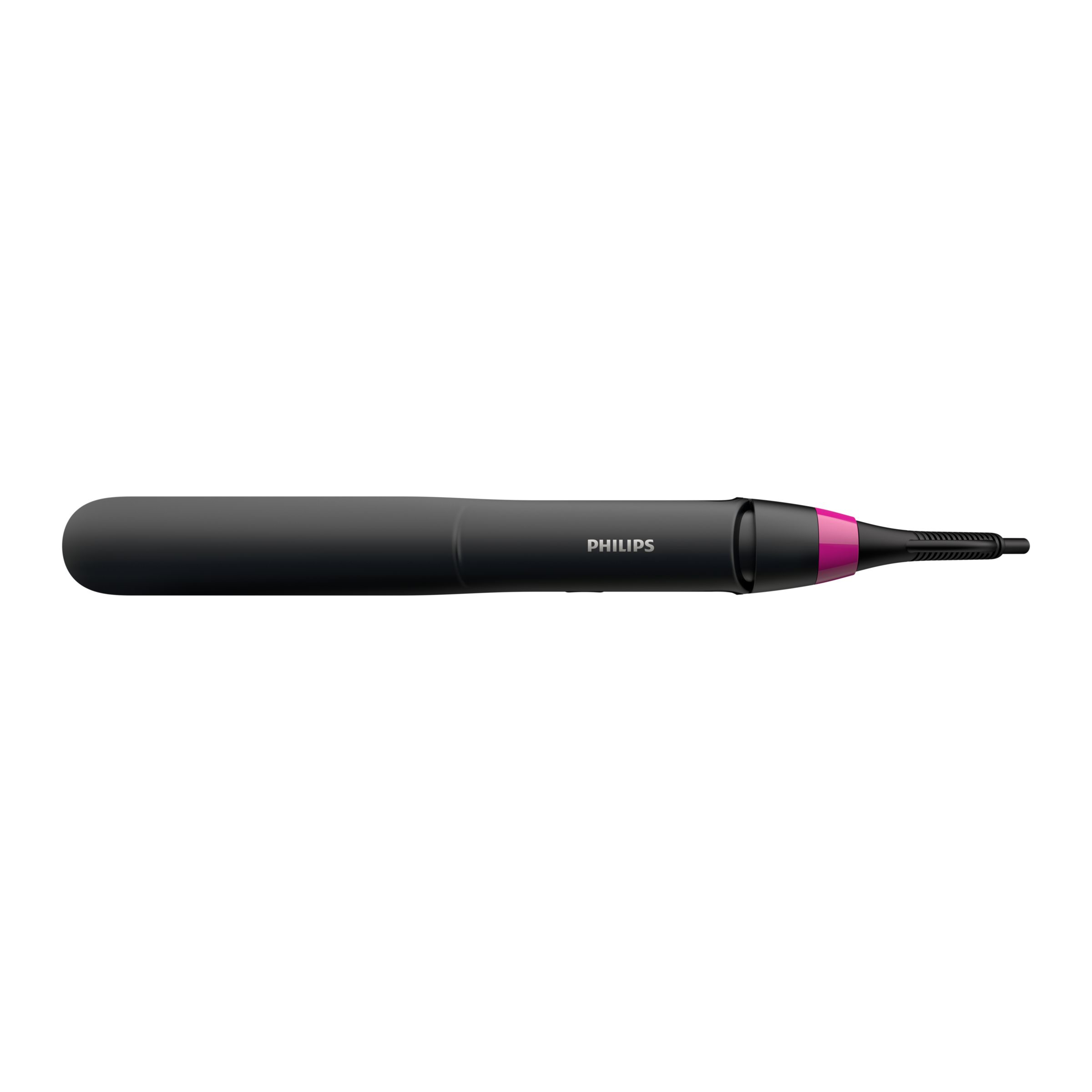 Rizador de pestañas Philips negro y rosa. Foto del producto sobre fondo blanco.