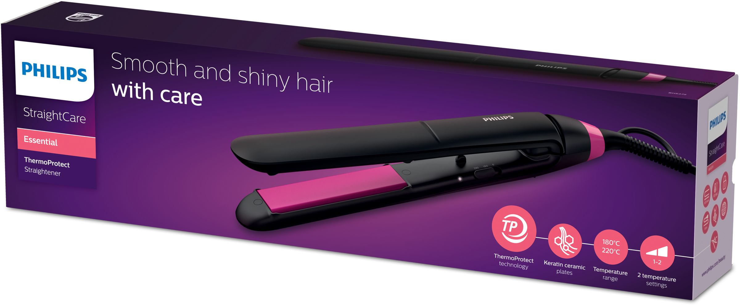 Caja para plancha de pelo, diseño negro y rosa, logo de la marca, detalles del producto.
