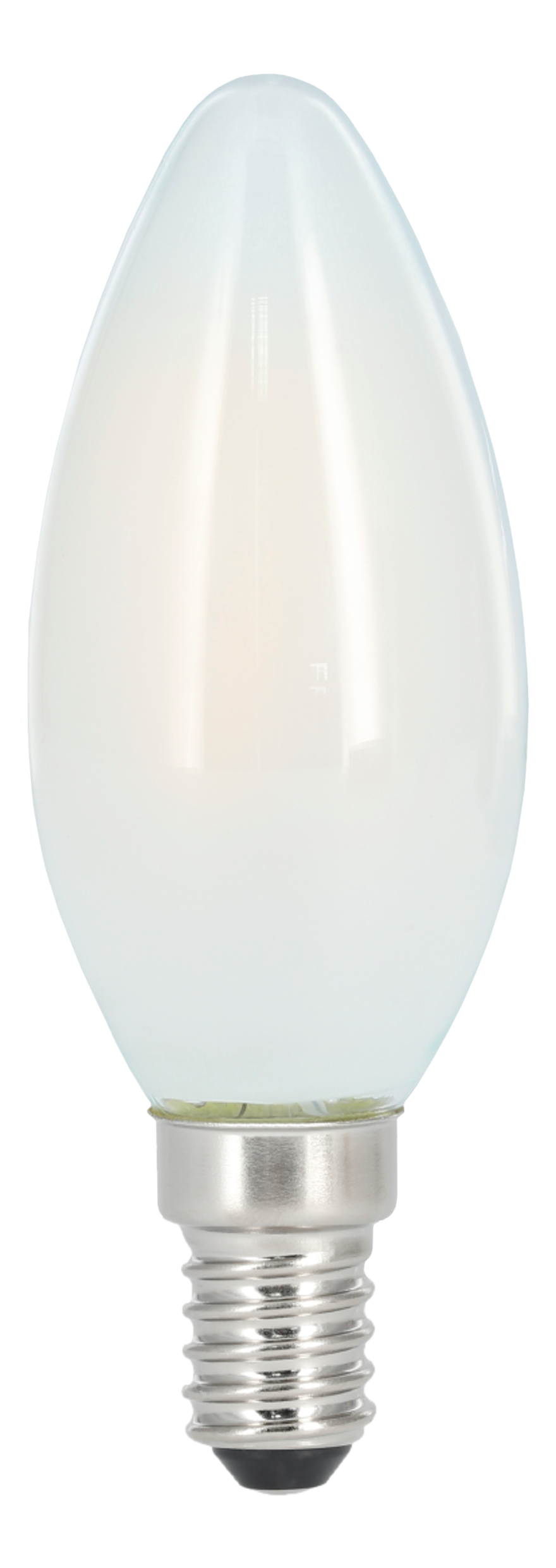 Weiße Glühbirne mit Metallsockel. Klares Glas, ovale Form.