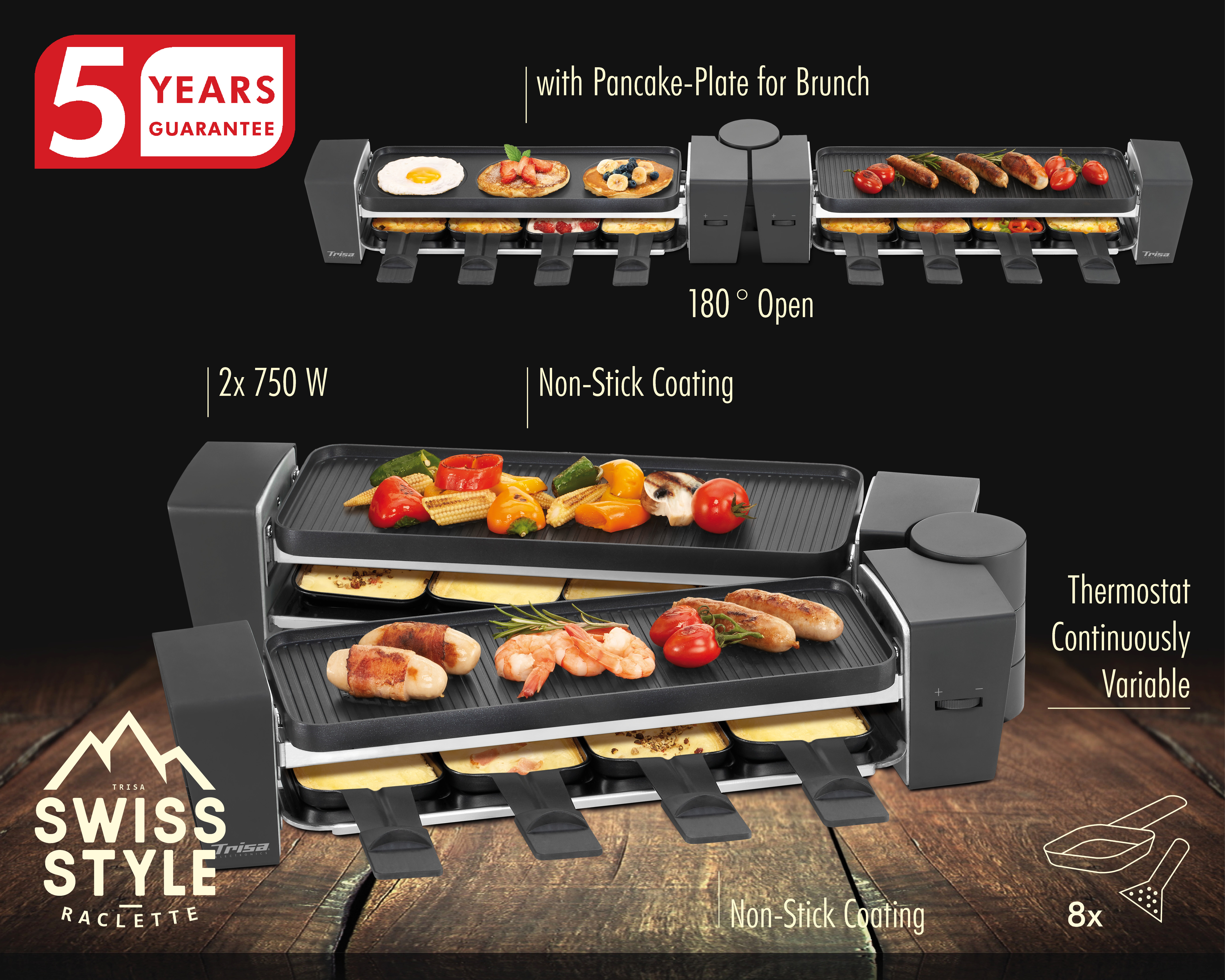 Raclette-Grill mit zwei Etagen, auf der oberen Etage wird Essen zubereitet.