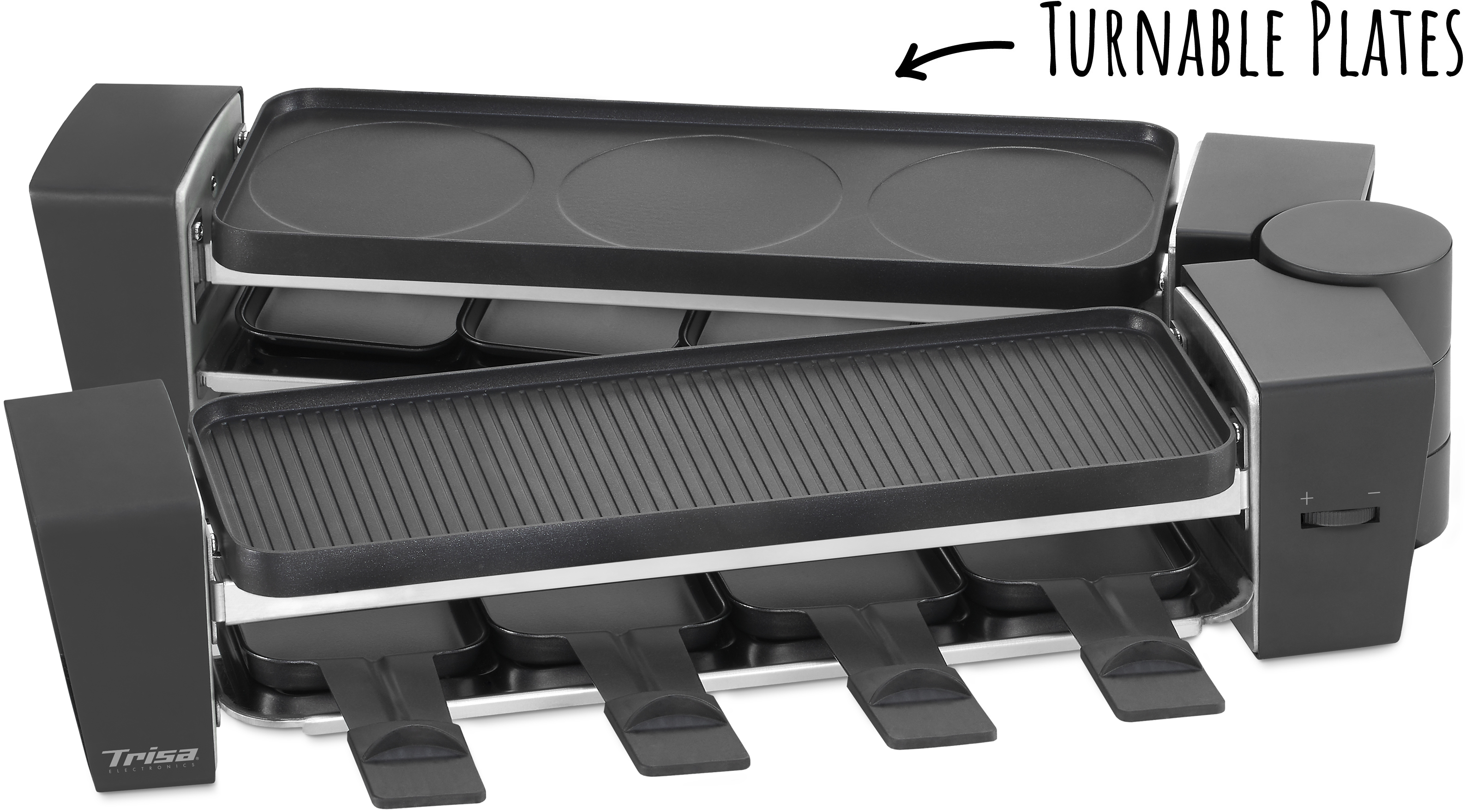 Seitenansicht eines Raclette-Grills mit drehbaren Platten und schwarzen Details.
